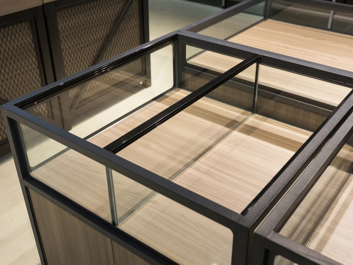 The glazed top of the island cabinet photographed from above