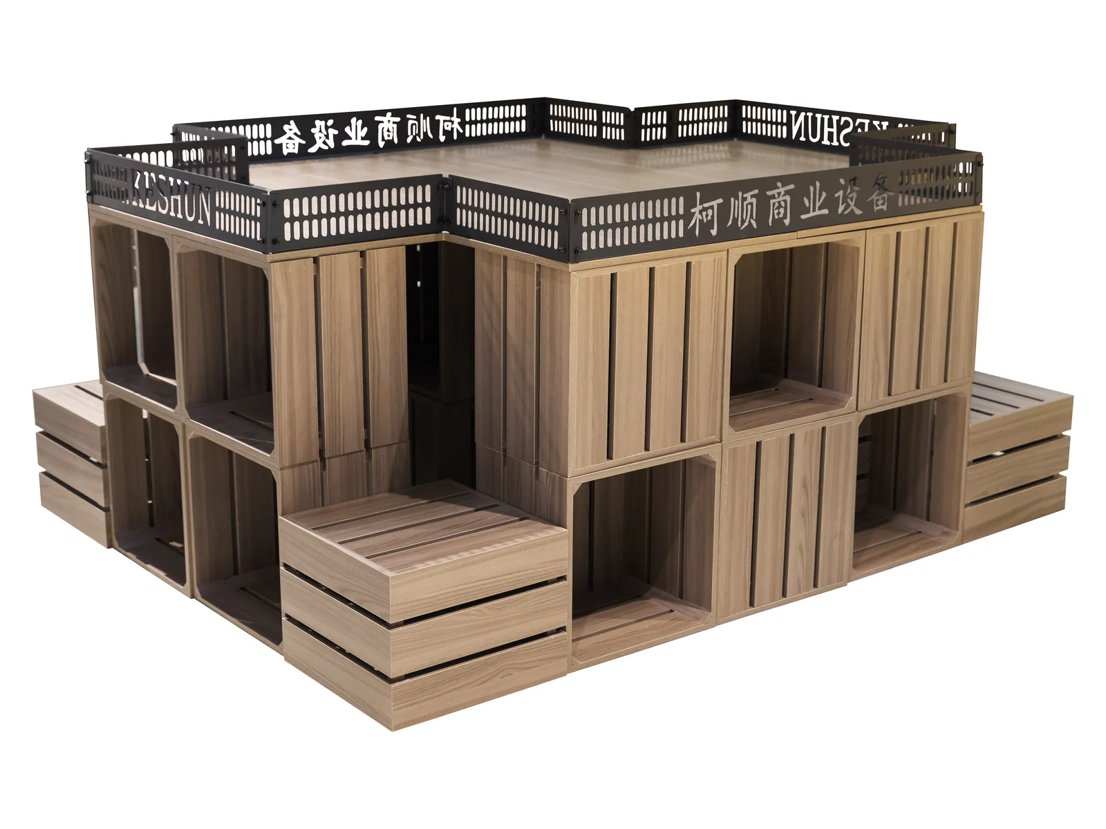 Crate Display Island with Signage Header on a white studio background