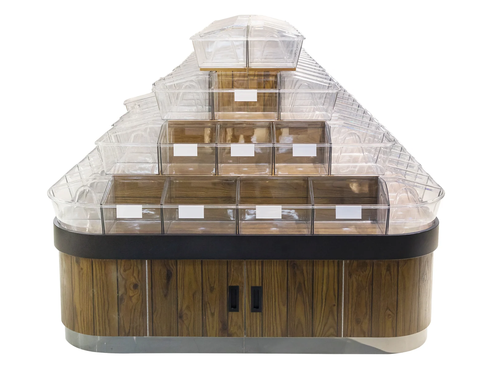 Pyramid Tilt Bin Display Island on a white studio background
