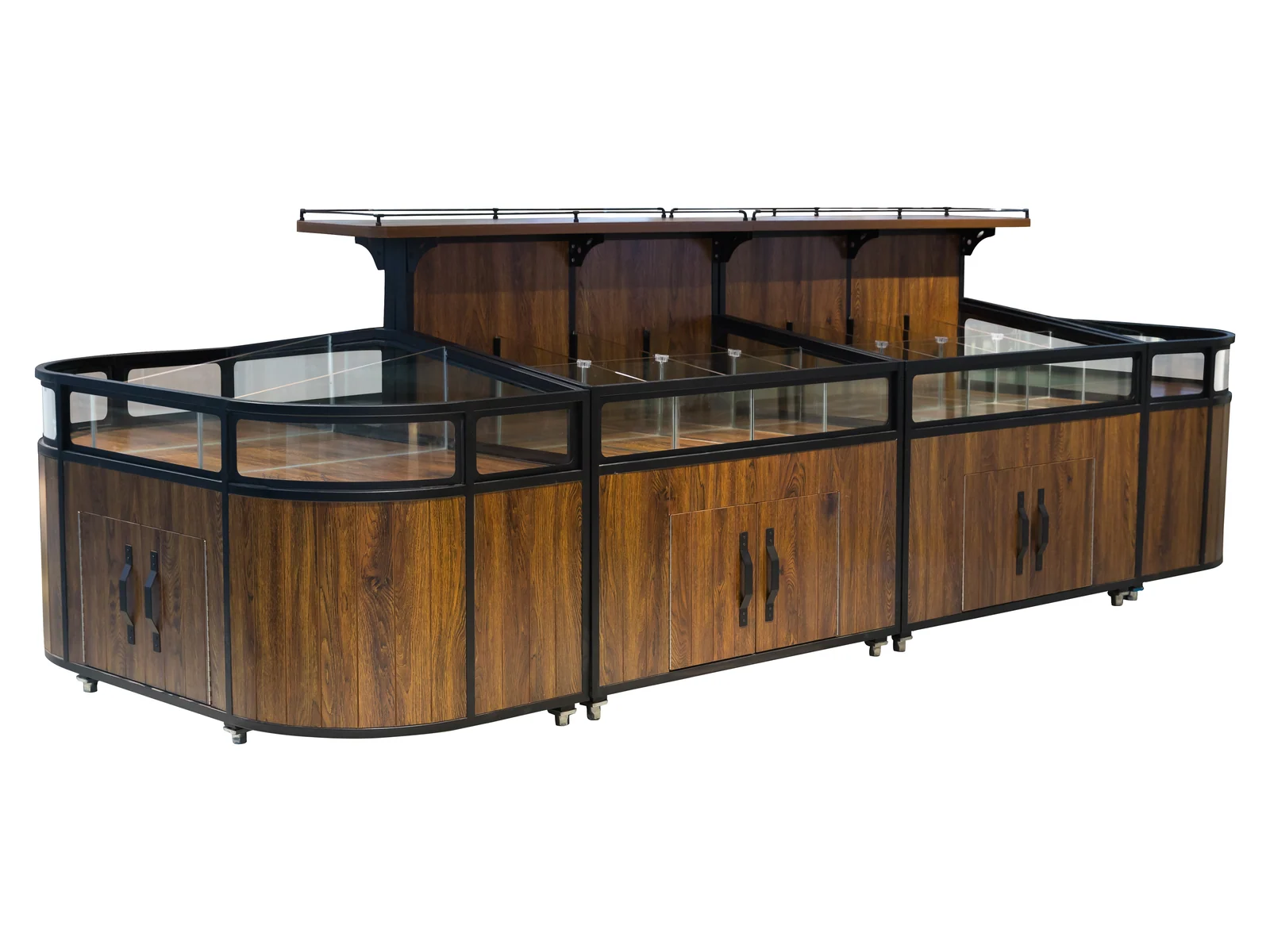 Glazed Top Bulk Island with Ticket Rails on a white studio background