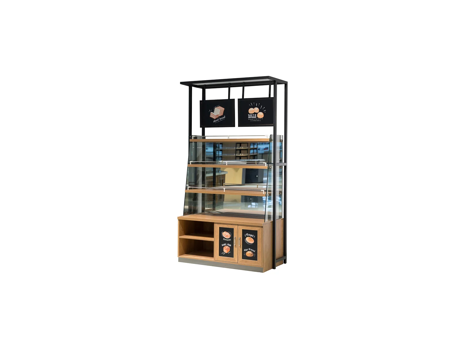 Self Select Bread Rack with Tong Stations photographed from the front on a white studio background
