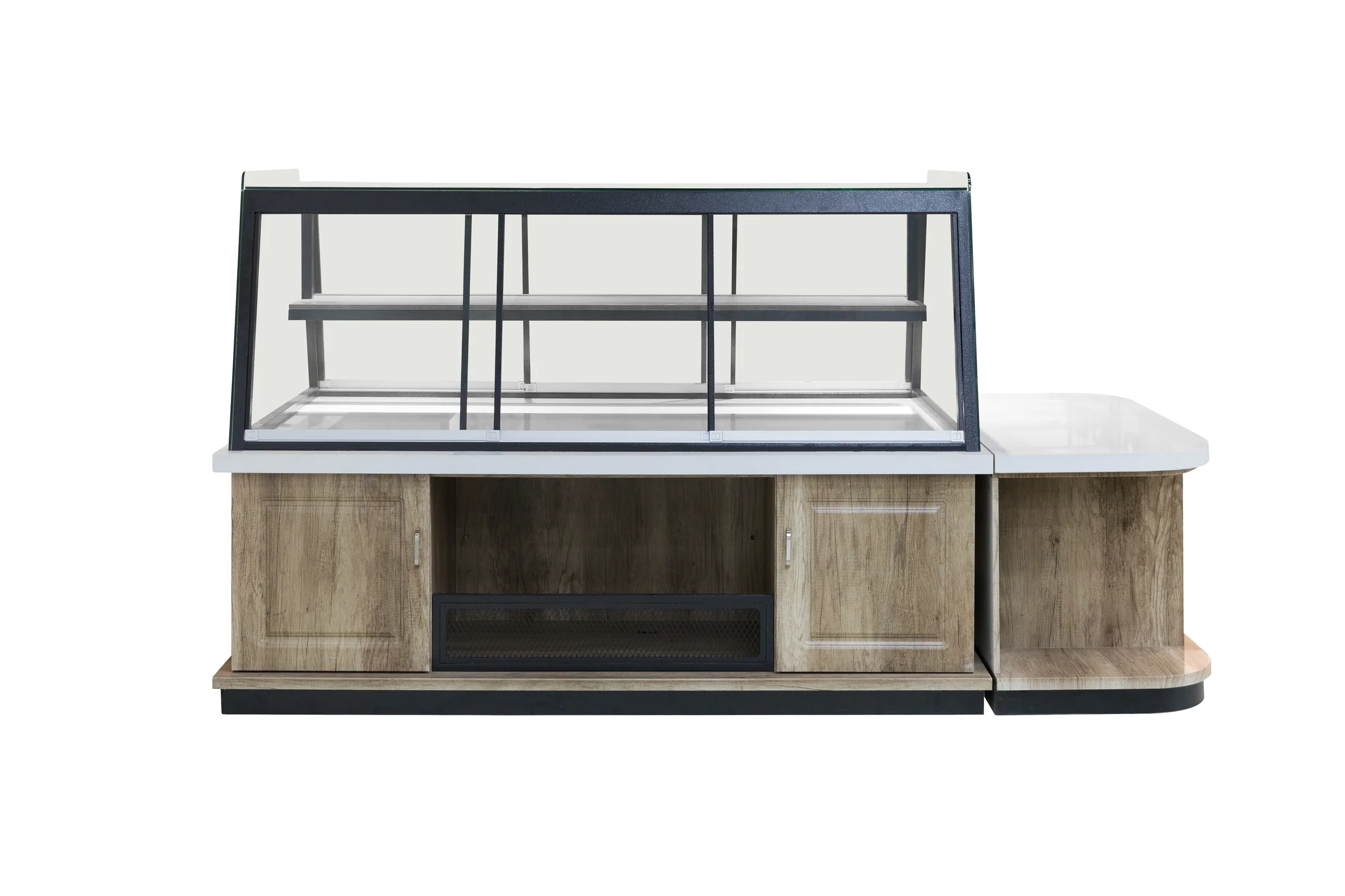 Keshun served bakery counter with a curved glass front and sliding base doors