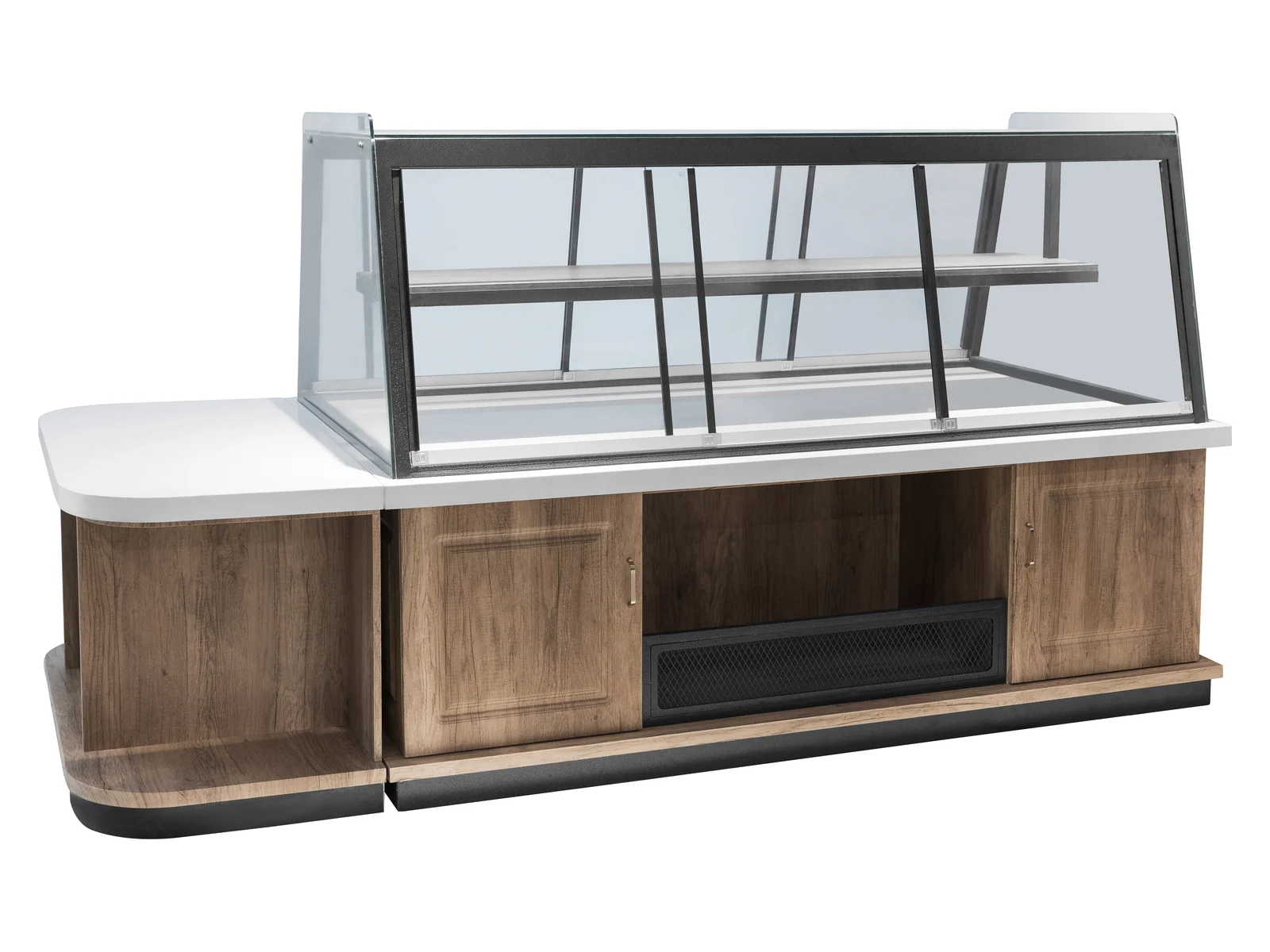Curved Glass Bakery Counter with Sliding Base on a white studio background