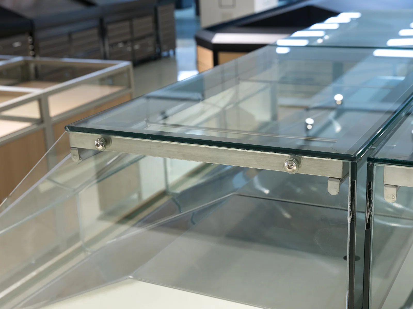Twin bay bakery display case photographed from the front showing both bays