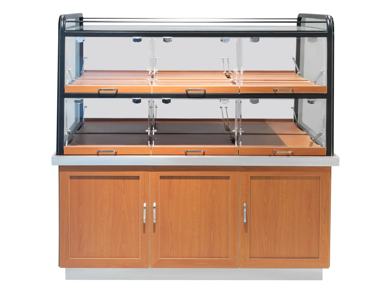Bakery Case with Warm Tiered Shelves on a white studio background