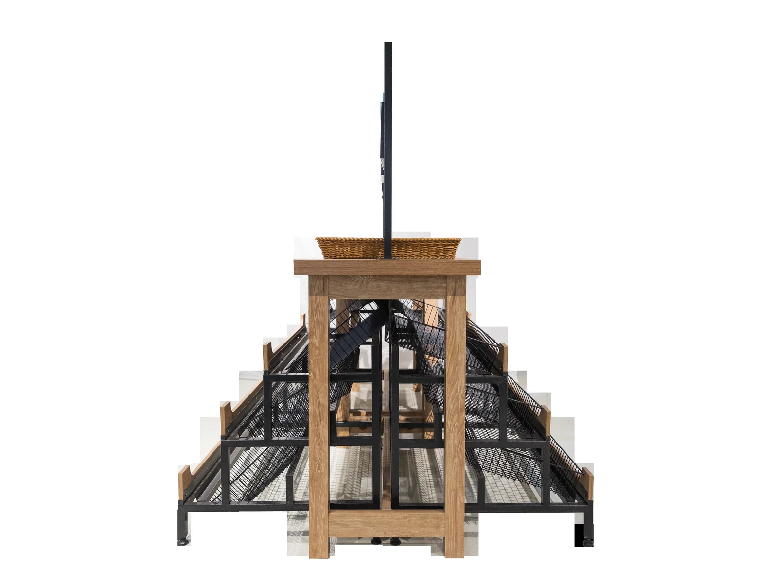 Bread rack photographed from the front showing the tray shelves and sign headers