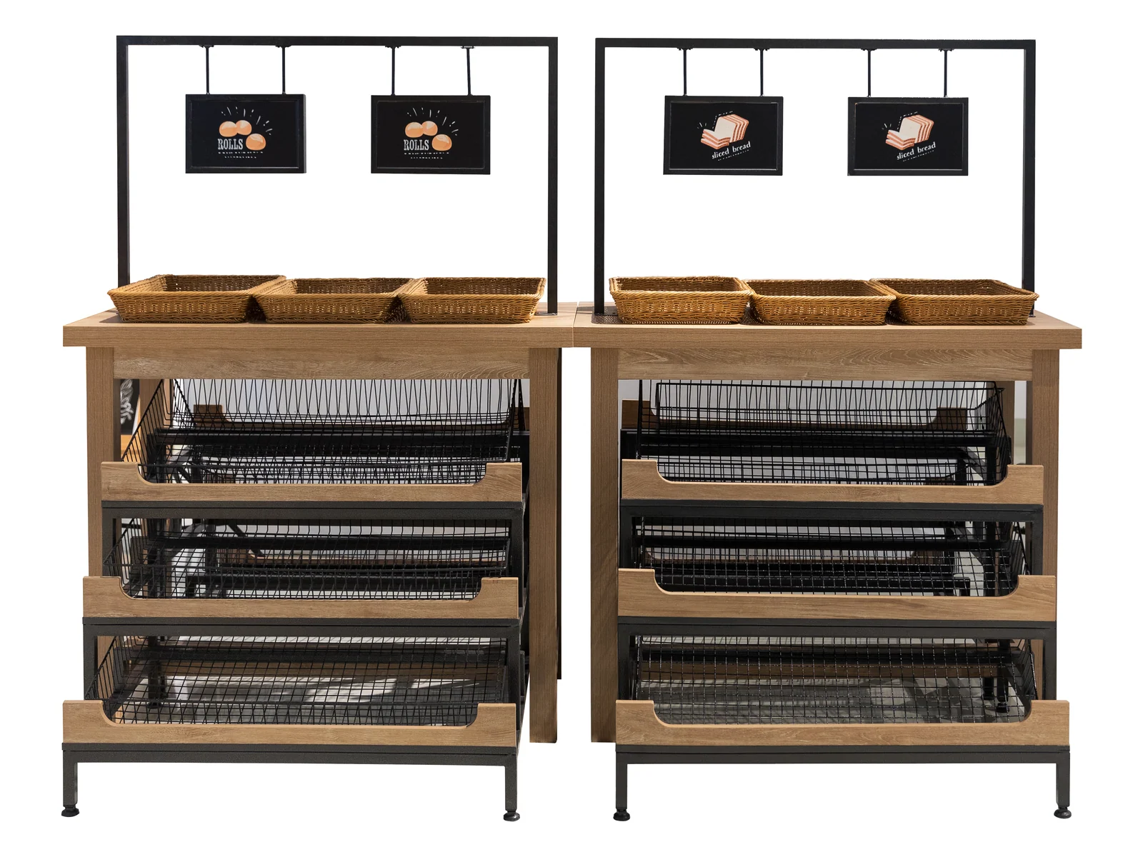 Bread Rack with Tray Shelves and Sign Headers on a white studio background
