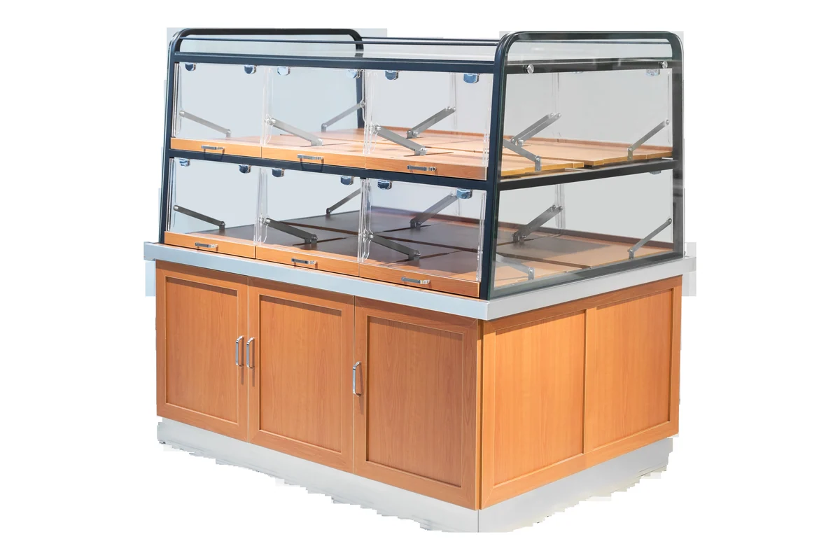 Cranked corner bakery display case in warm timber with glazed sides and a pale plinth