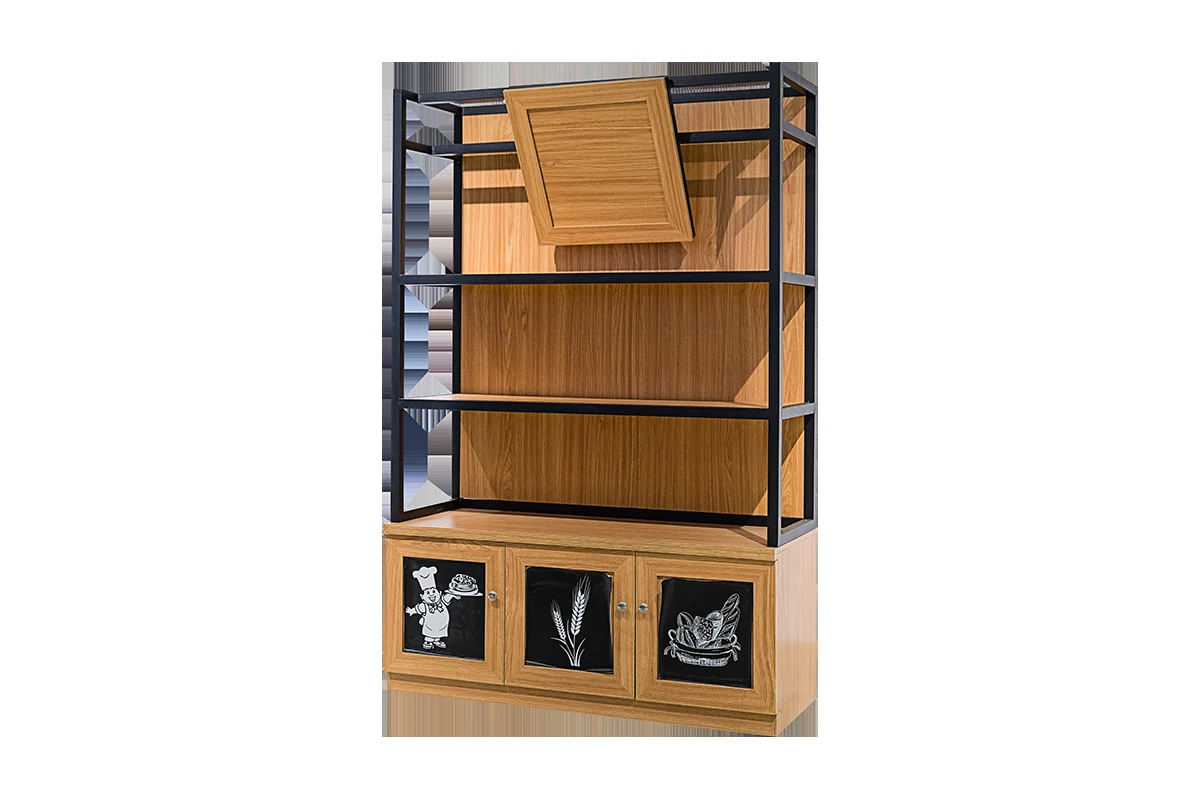 Tall self-service bread display rack with slanted open shelves in a black frame and timber facings