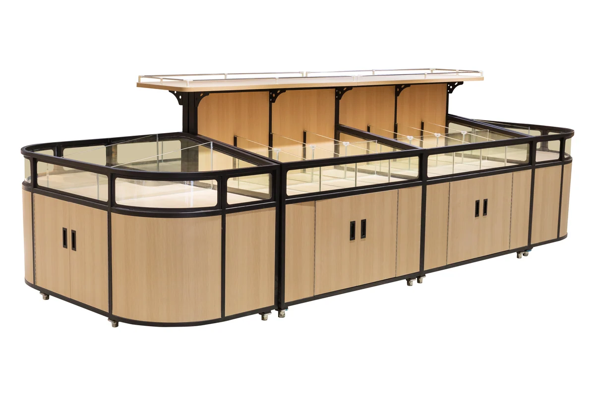 Twin-bay supermarket dry goods island with glass panelled flanks and base cupboard doors