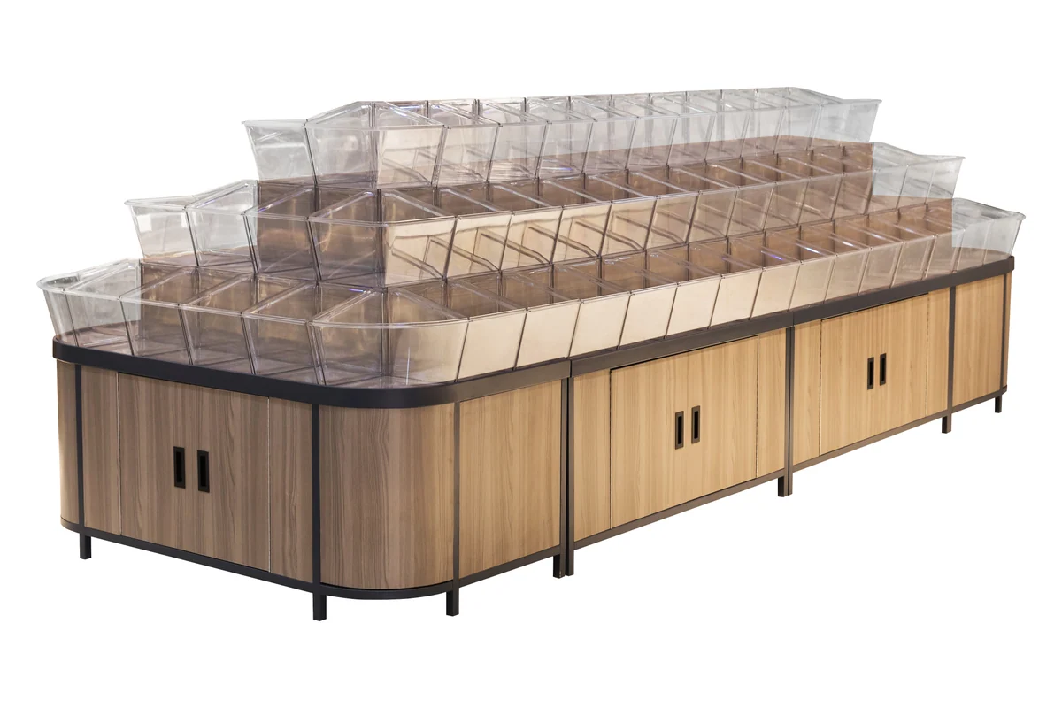 Dark timber supermarket bulk food island with rows of clear tilt bins