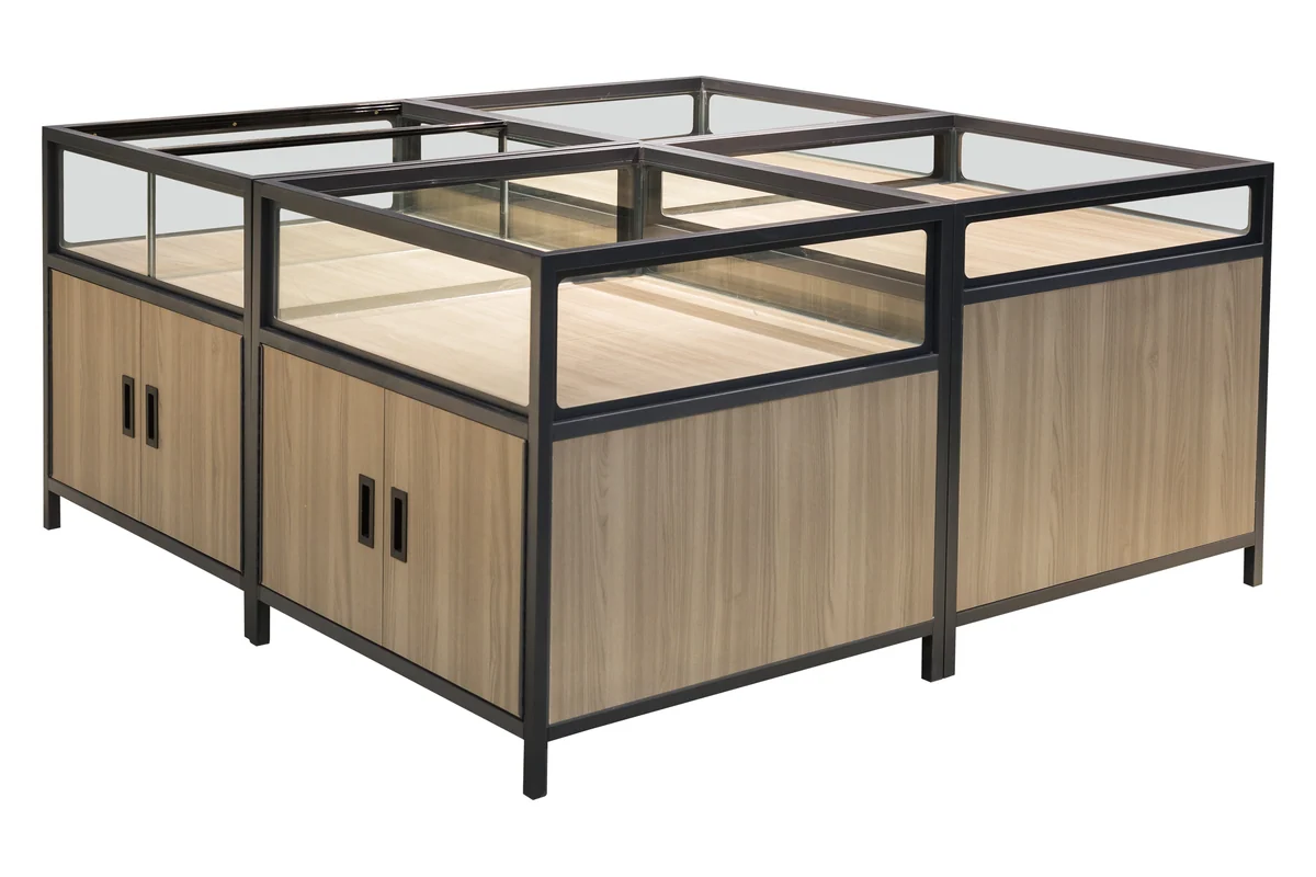 Square glazed supermarket dry goods island with an exposed black steel frame