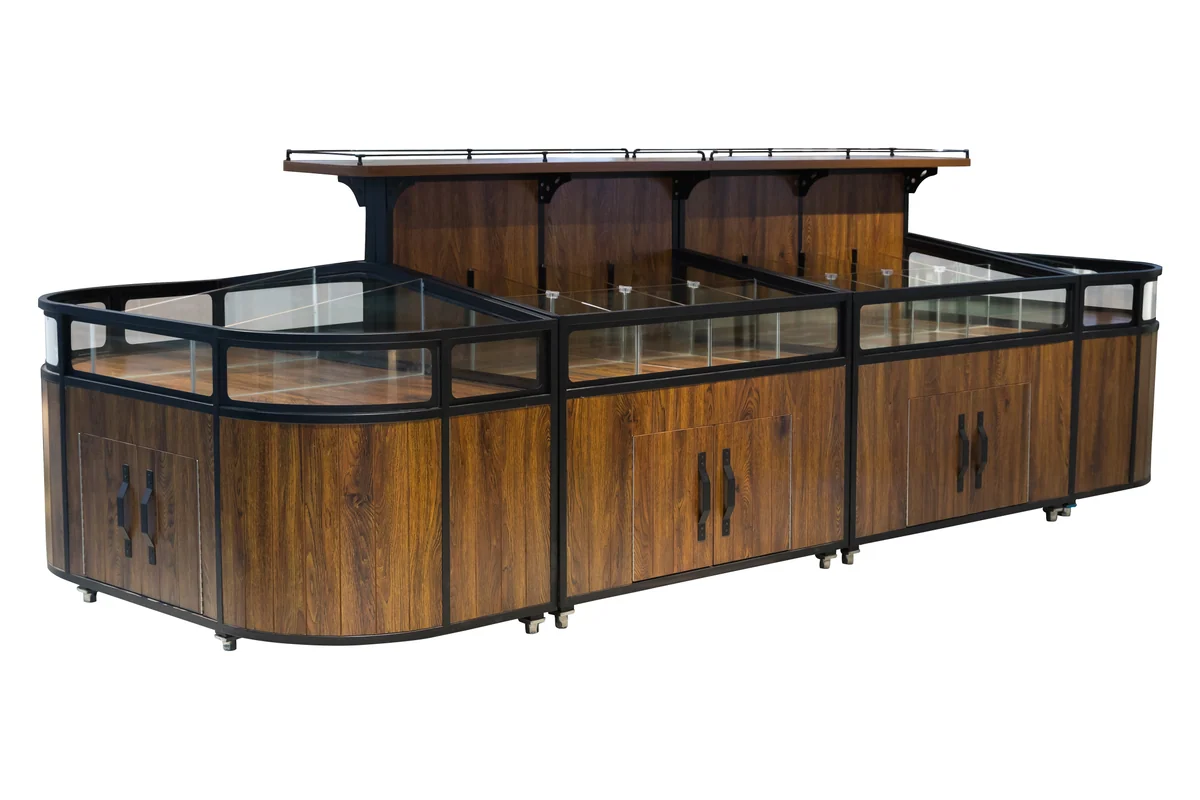 Glazed supermarket dry goods island in a black frame with one rounded end