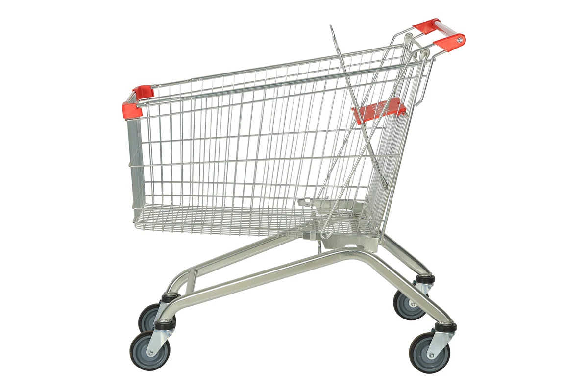 Chrome supermarket nesting wire shopping trolley with a red handle bar and four castors