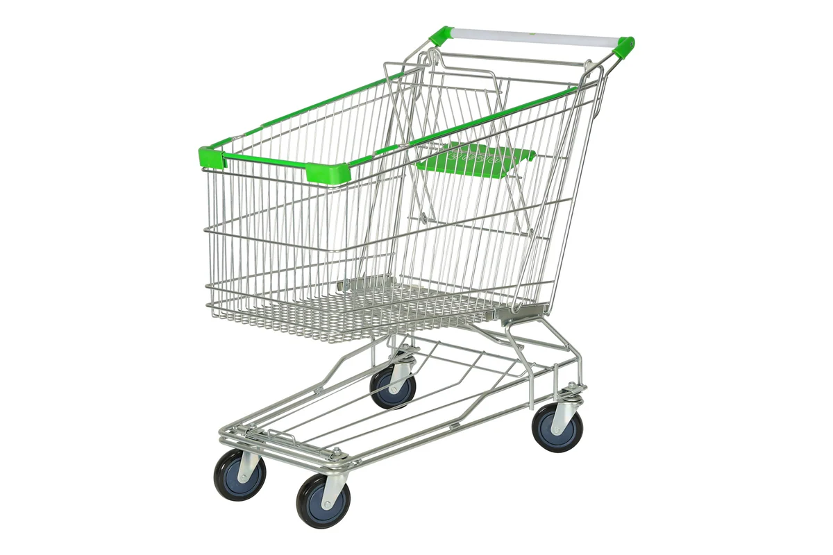 Chrome supermarket nesting wire shopping trolley with a green handle and a fold-down child seat