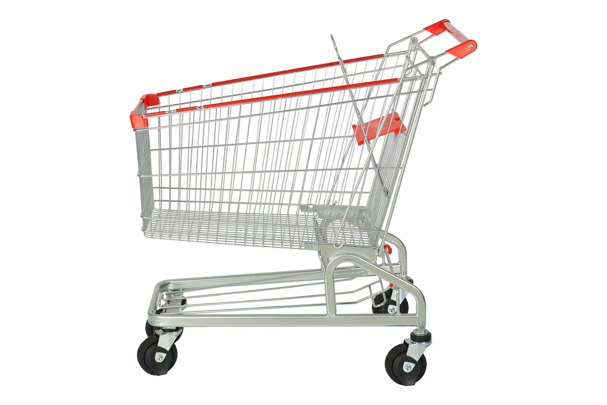 Large chrome supermarket nesting wire shopping trolley with a red handle bar
