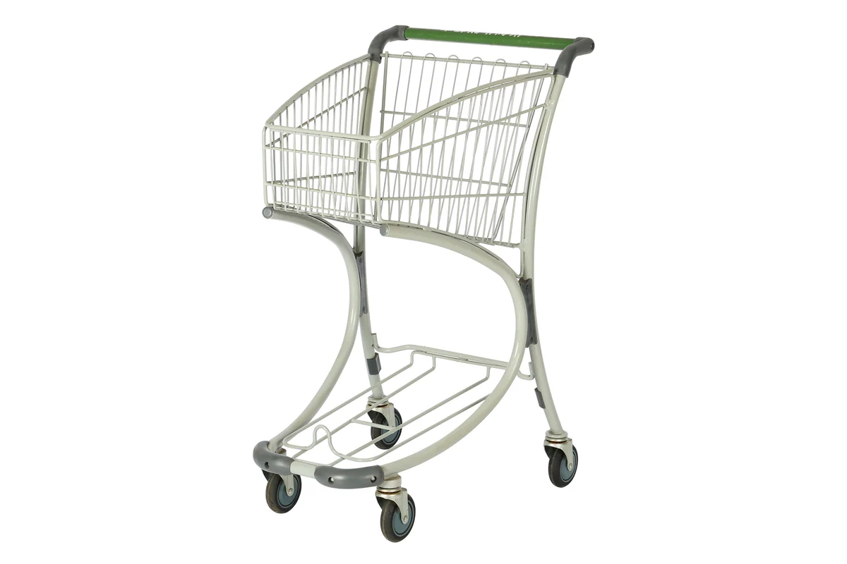 Narrow chrome open frame supermarket trolley with no basket, on four castors
