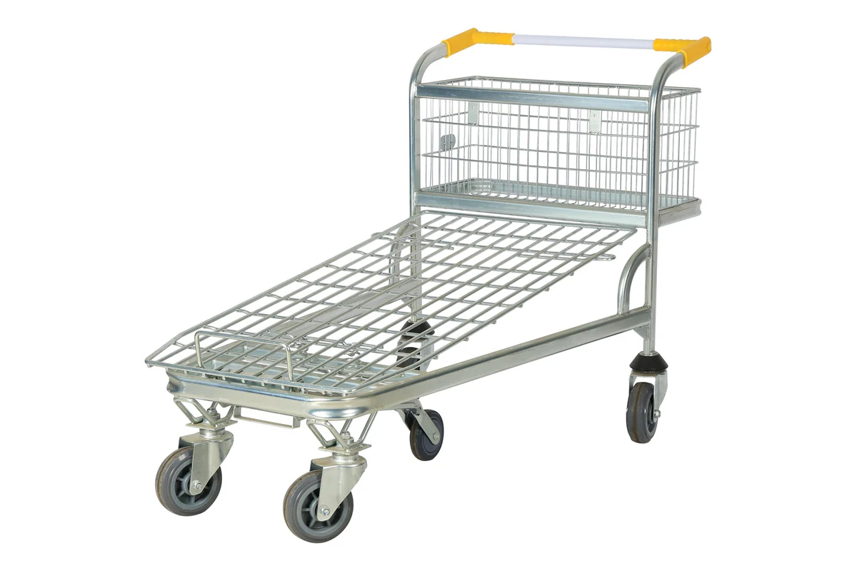 Long flatbed platform trolley with a yellow push handle for supermarket stock movement