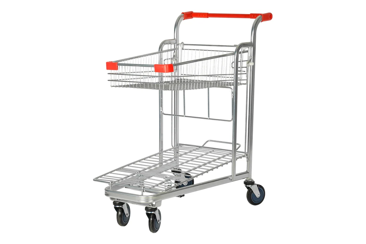 Two-tier platform trolley with a red push handle for supermarket stock movement