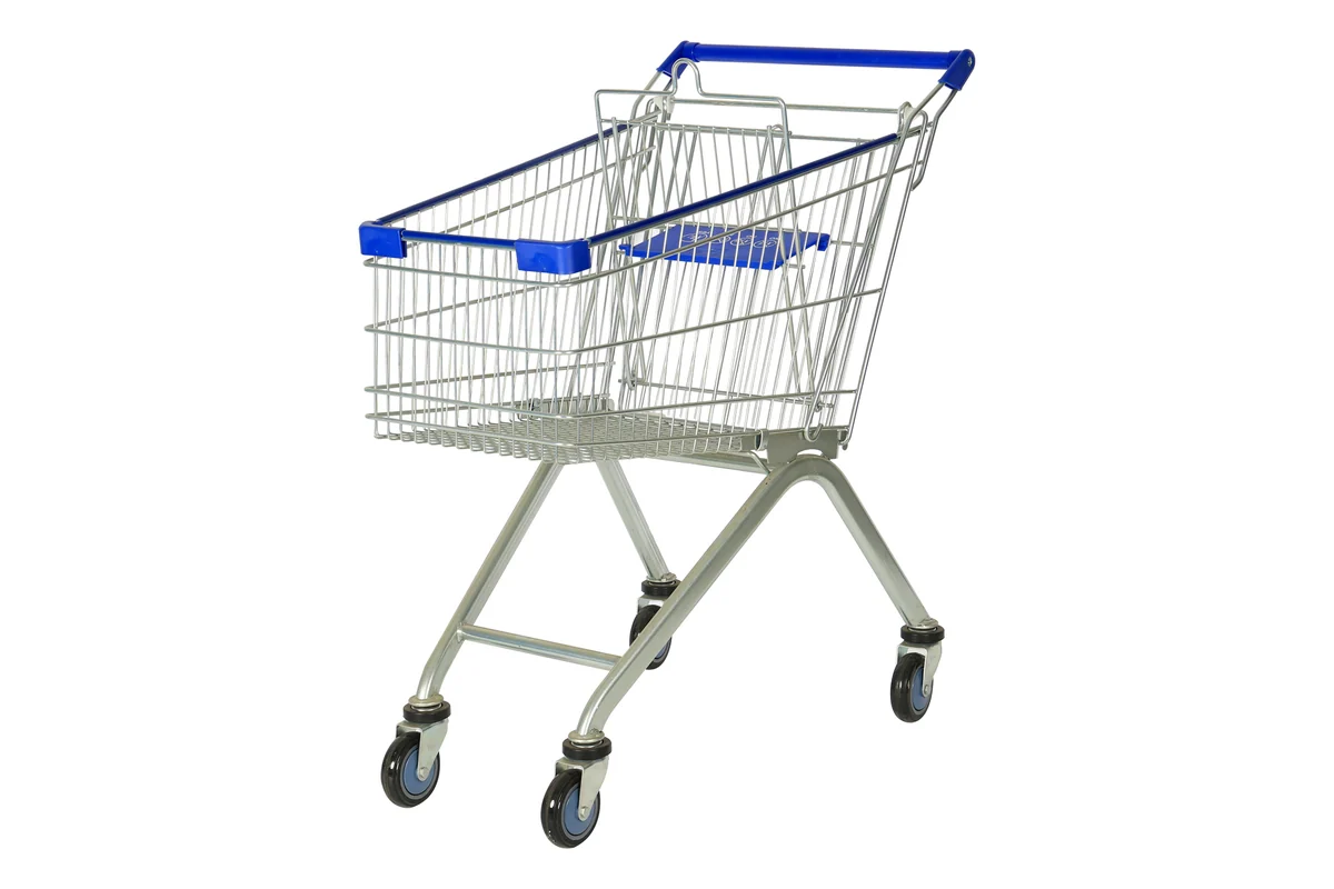 Chrome supermarket nesting wire shopping trolley with a blue handle bar and child seat