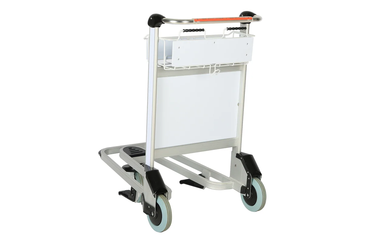 Supermarket frame trolley with a flat white display board panel at handle height