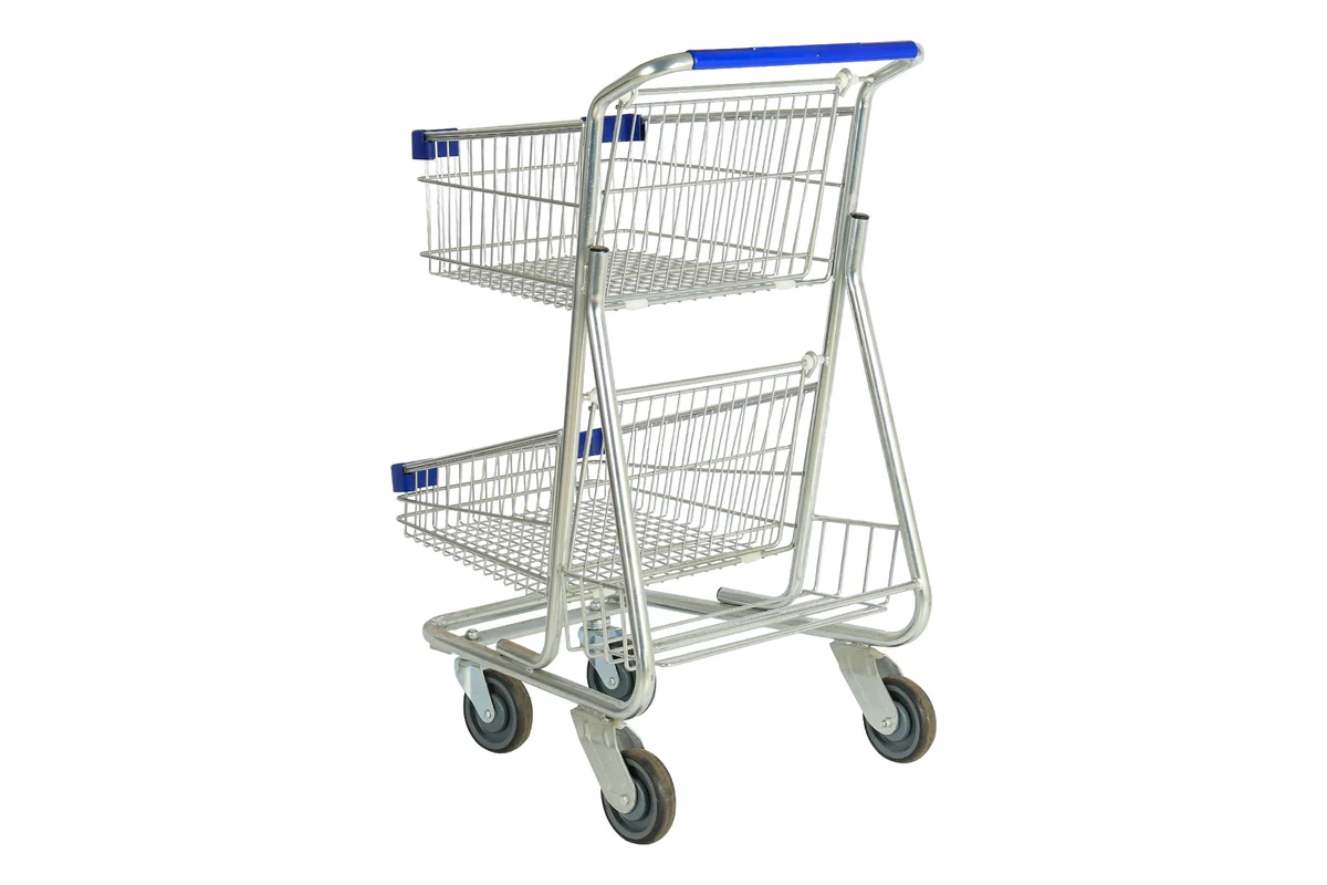 Three-tier wire shelf trolley with blue trim for supermarket shelf replenishment