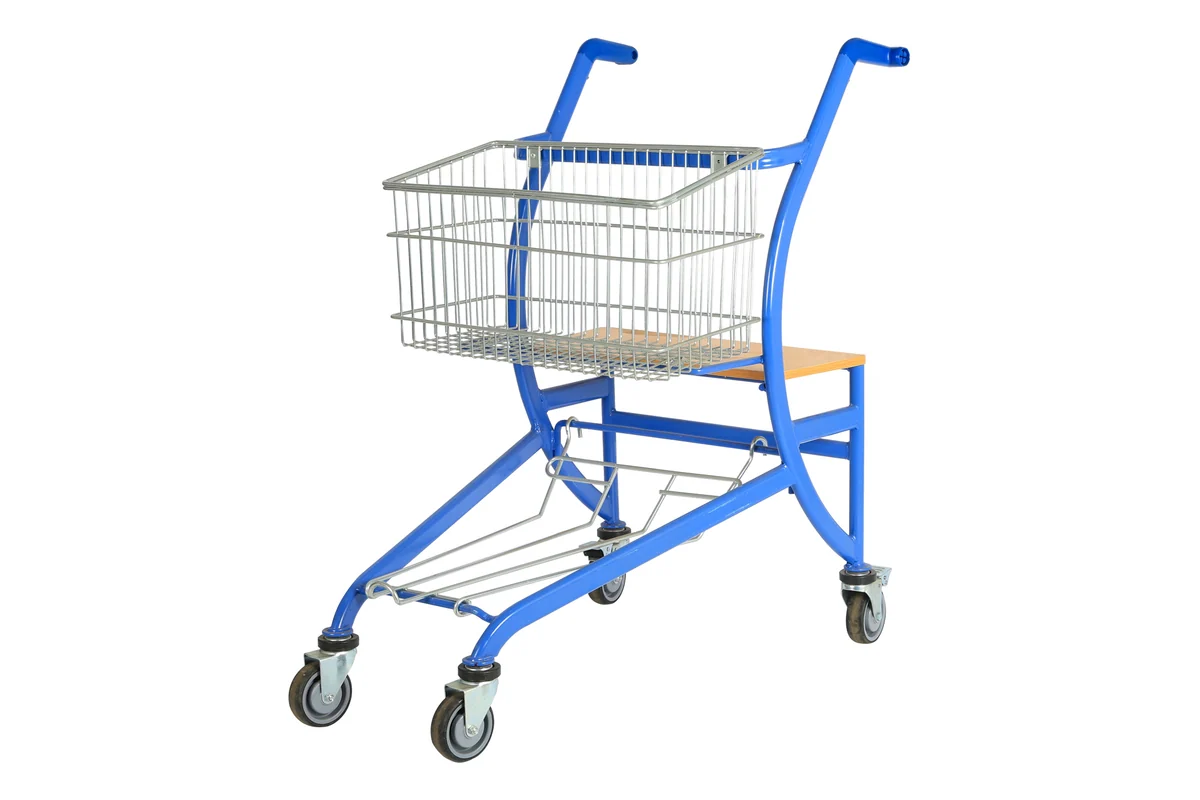 Blue coated supermarket frame trolley with a wire basket above and a lower deck