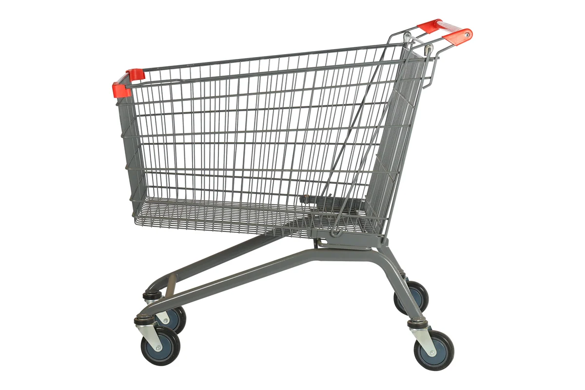 Large chrome supermarket nesting wire trolley with an orange handle bar