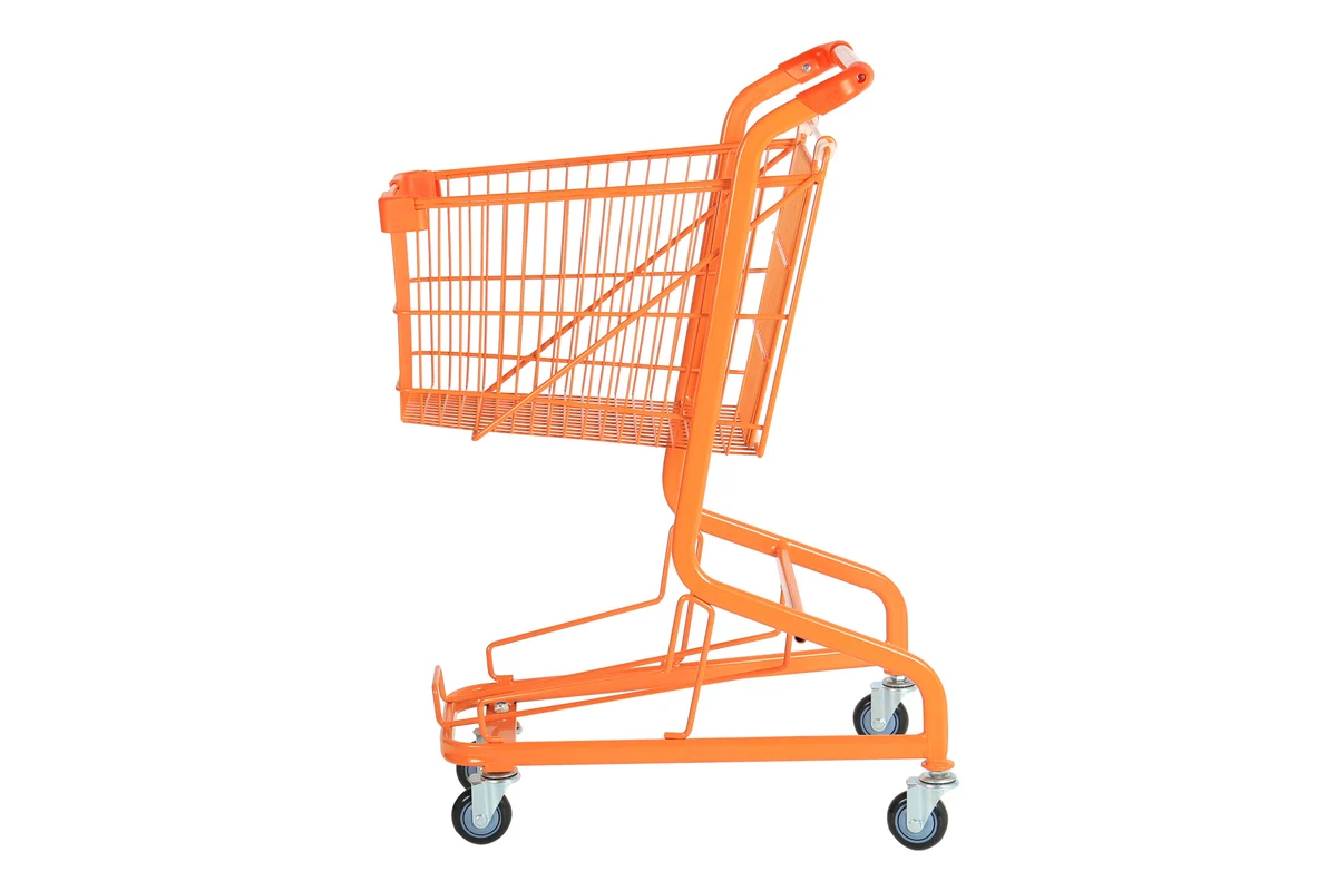 Compact orange fully coated supermarket shopping trolley on four castors