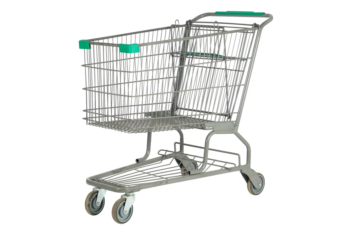 Chrome supermarket nesting wire shopping trolley with a green handle and the child seat folded down