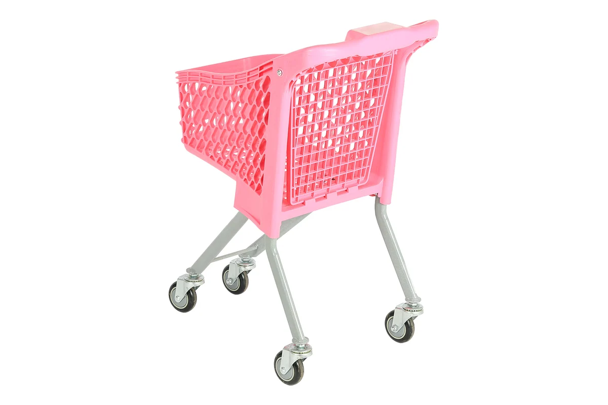 Pink moulded plastic supermarket basket trolley on a wheeled metal frame