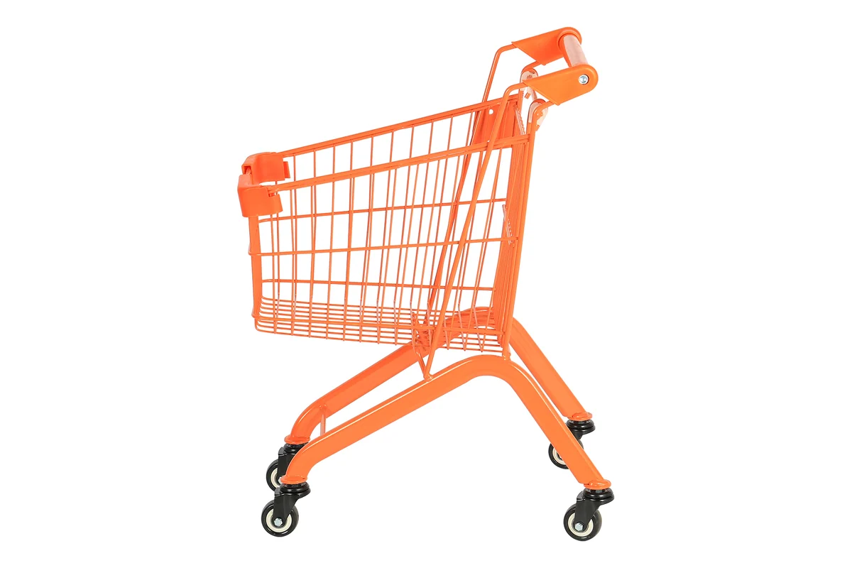 Compact orange coated supermarket trolley with a low open frame and four castors