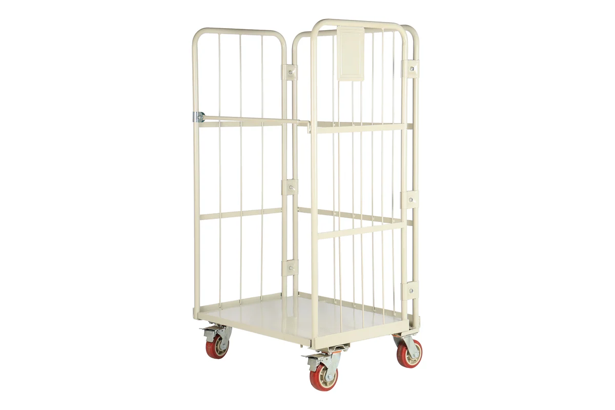Cream roll cage logistics trolley with fold-down mesh sides for supermarket stock movement