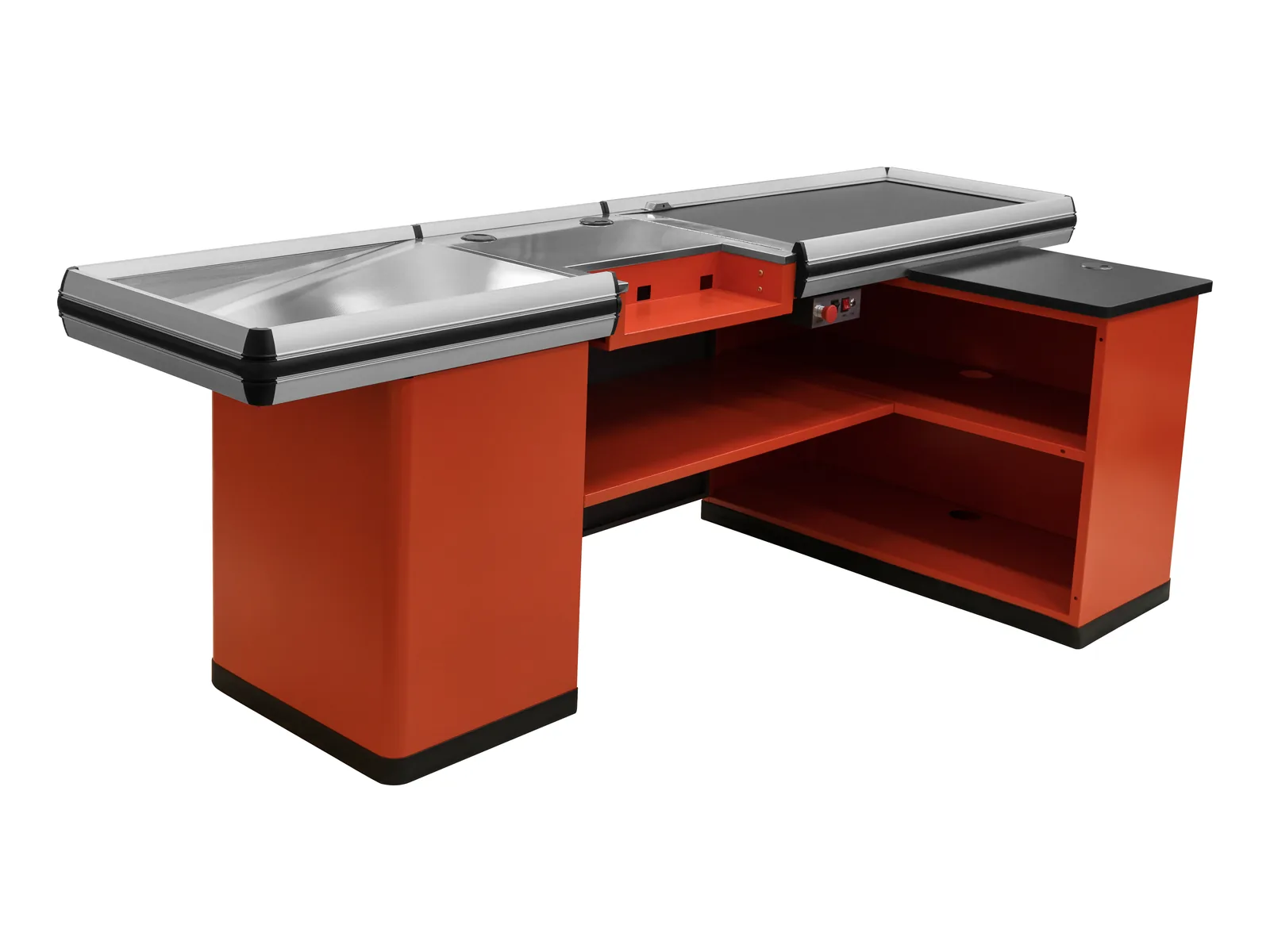 Supermarket checkout counter with conveyor belt, orange powder coated body and polished stainless steel worktop, seen from the front left