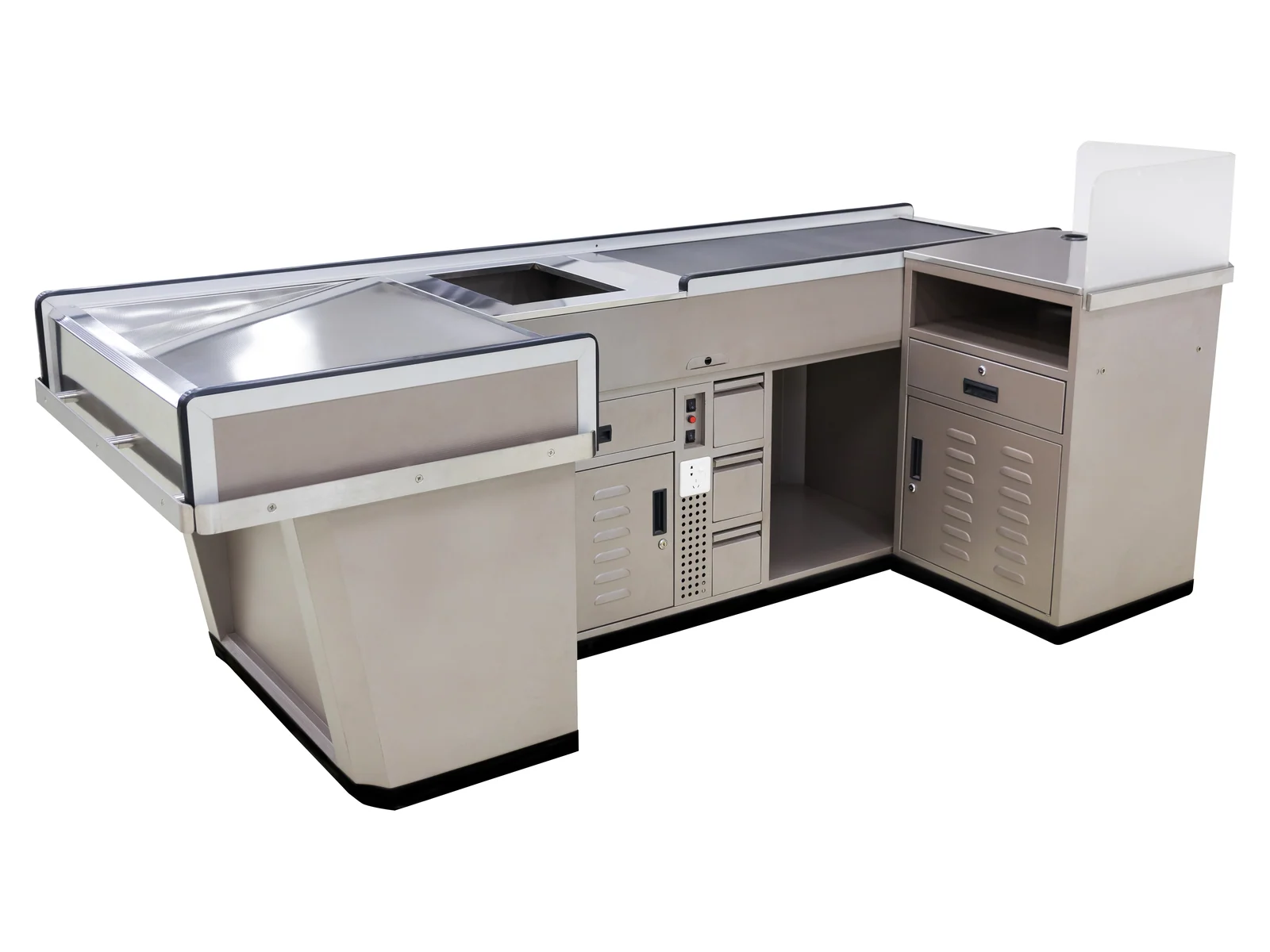 Supermarket cashier counter with a drawer unit, lockable cabinet and a raised end screen