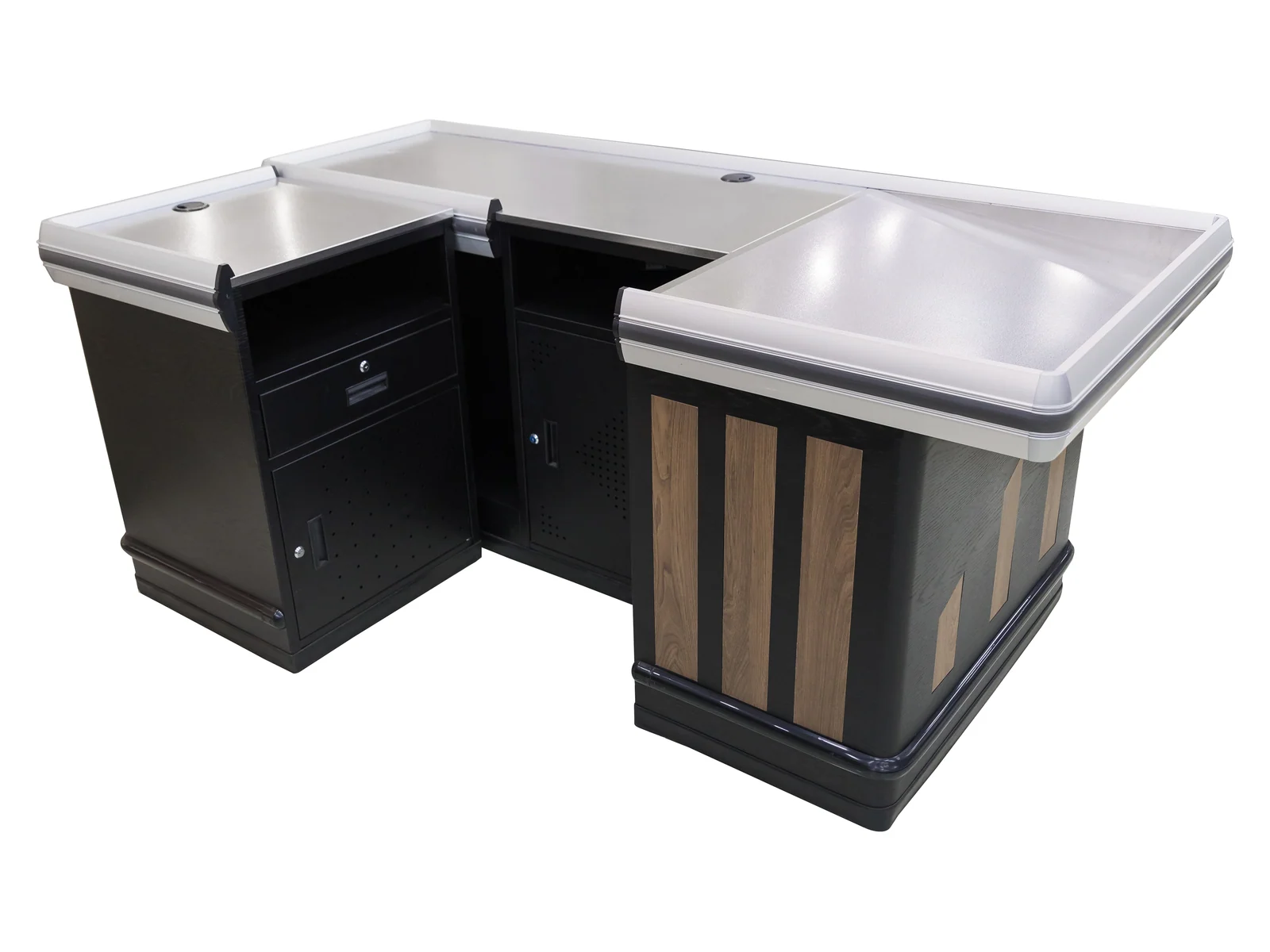 Corner Checkout Counter with Slatted Wood Panel on a white studio background