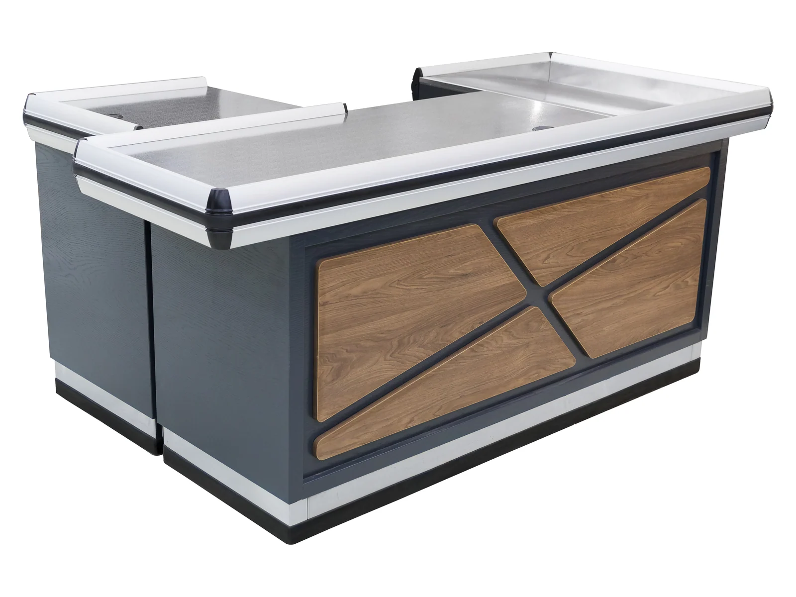 Checkout Counter with Cross Braced Wood Panel on a white studio background