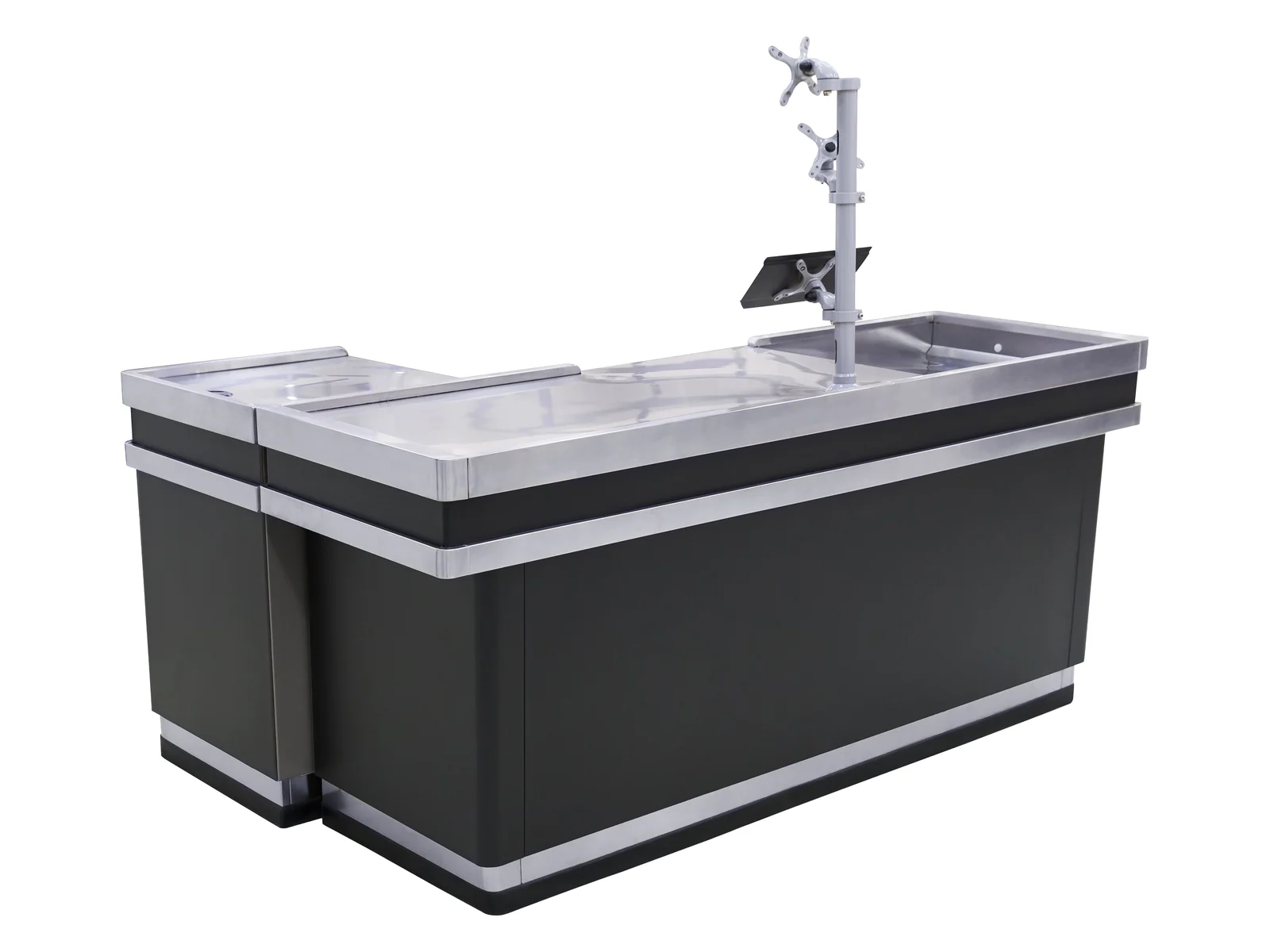 Dark cashier counter with a column arm carrying the till monitor and scanner