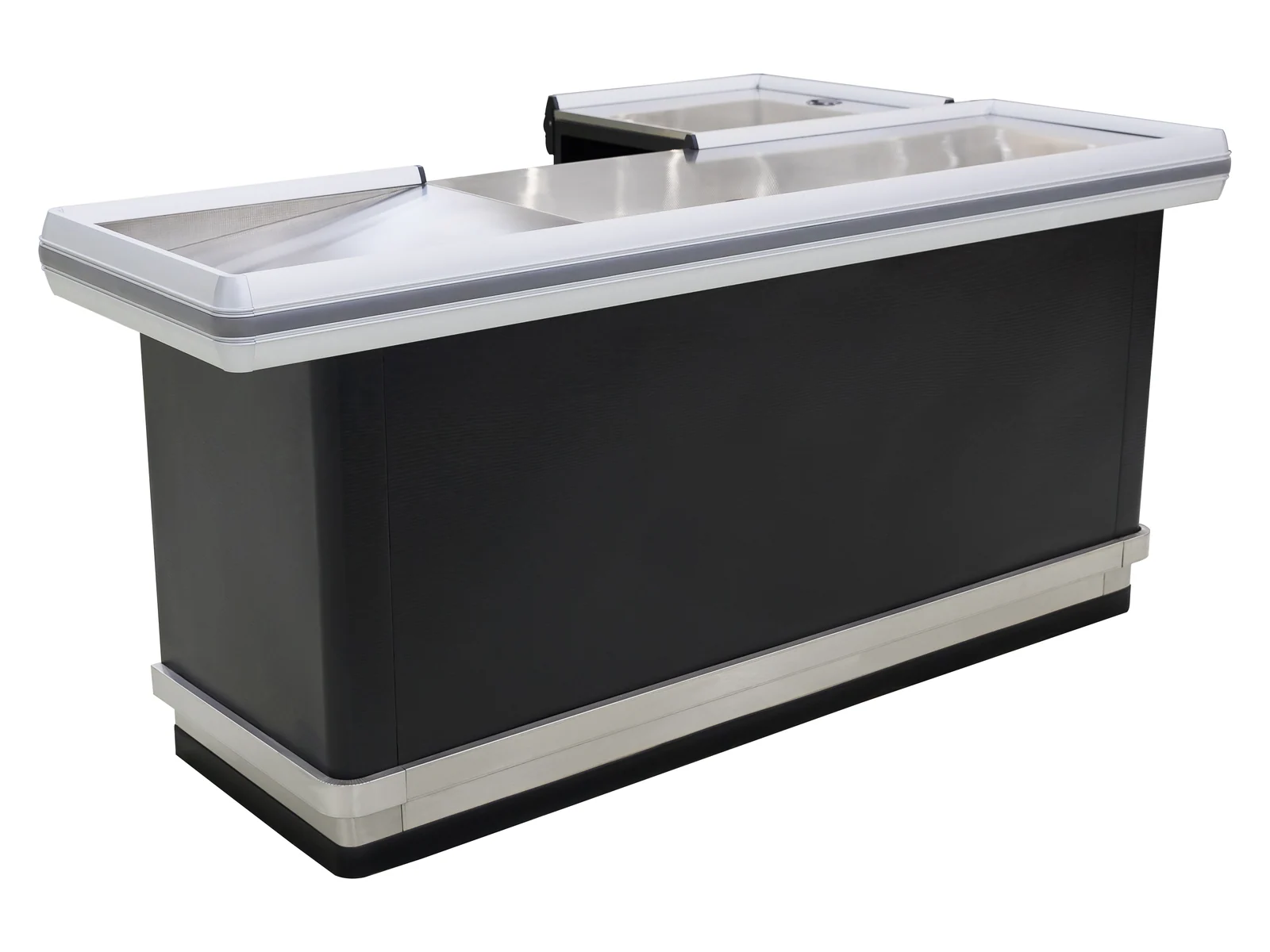L Shaped Checkout Counter with Stainless Top on a white studio background