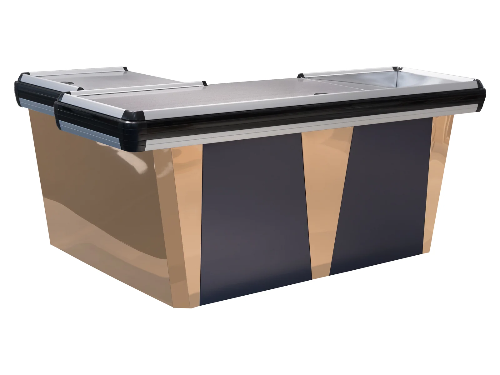 Checkout Counter with Angled Wood Facing on a white studio background