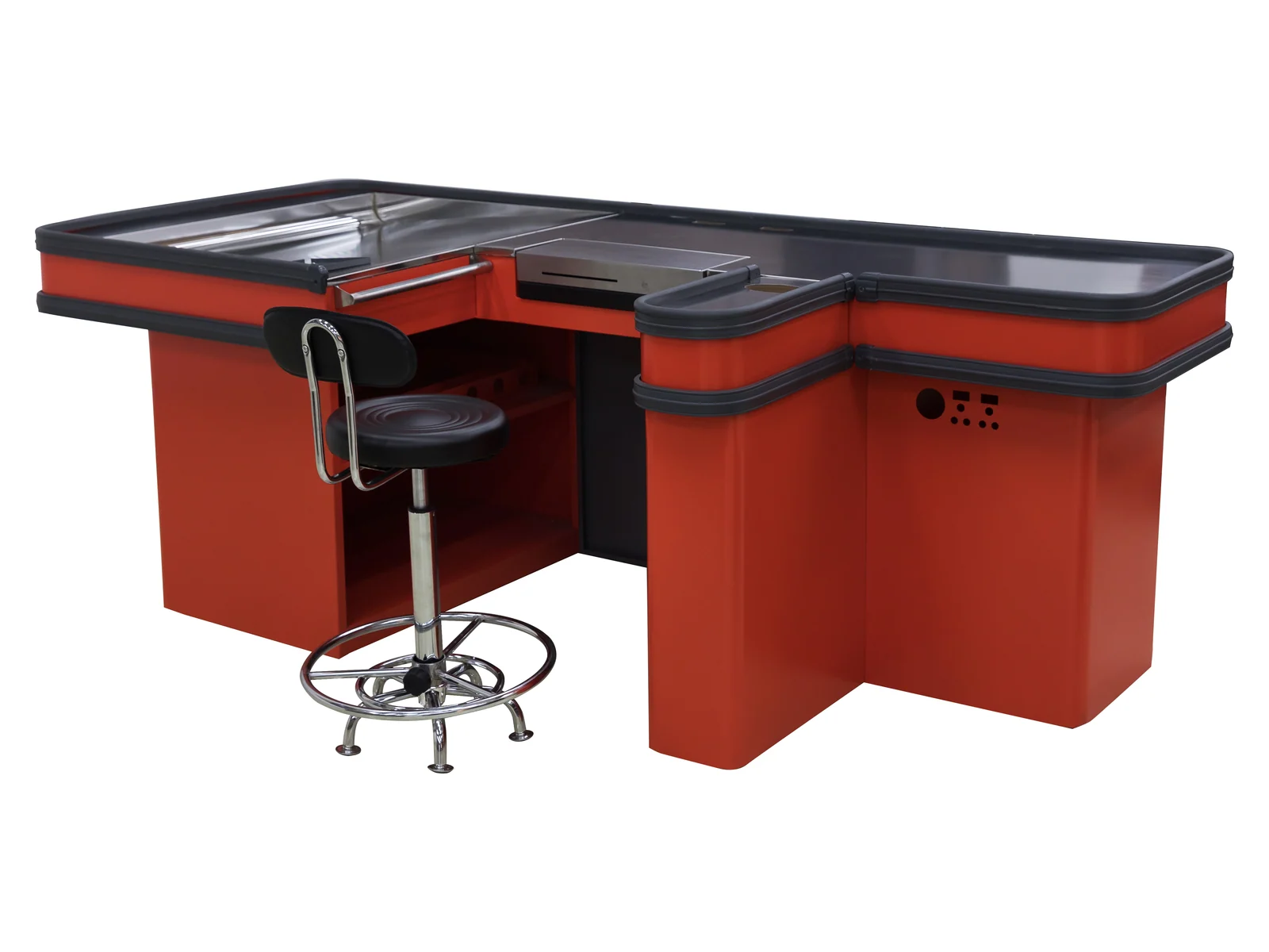 Twin Wing Checkout Counter with Cashier Seat on a white studio background