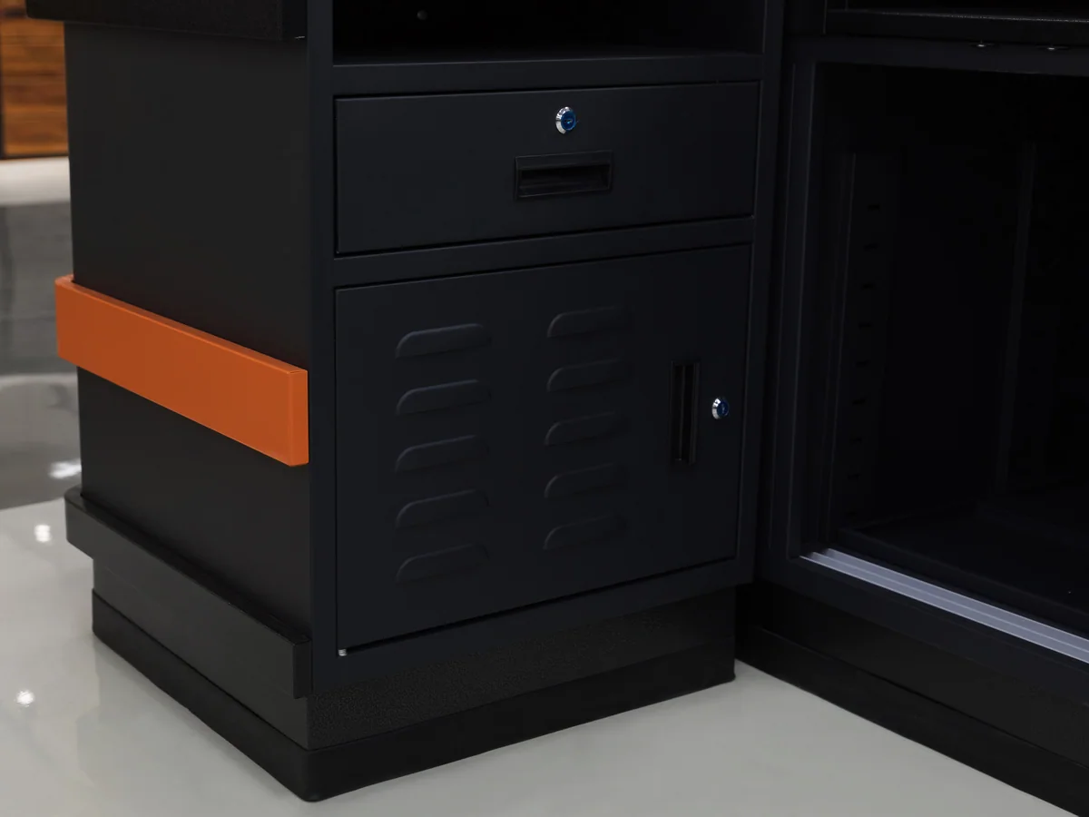 Close-up of the dark plinth at the base of the counter