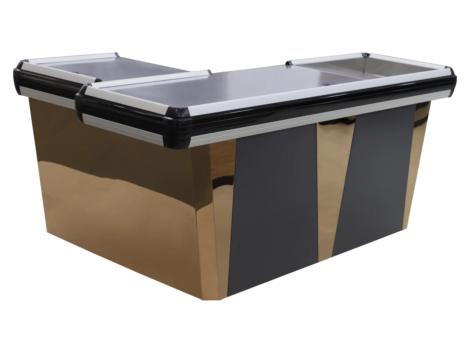 Two-tone supermarket cashier counter with a mirror polished stainless top