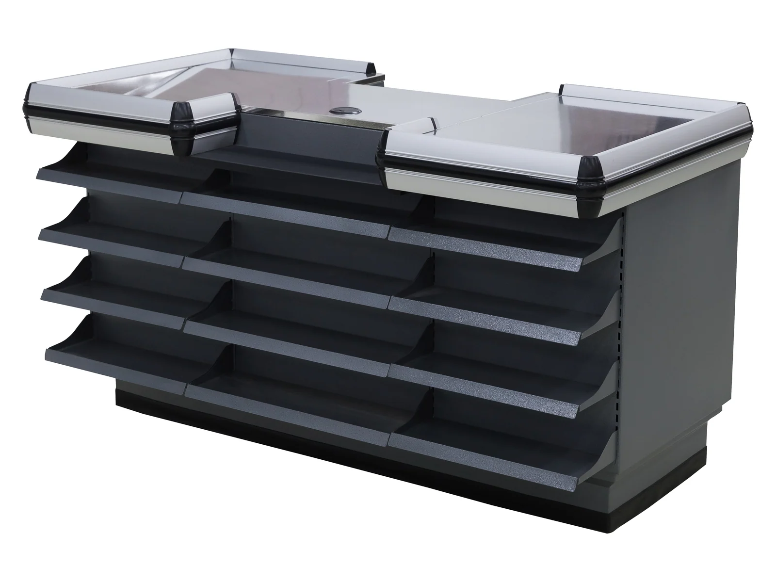 Checkout Counter with Tiered Side Display photographed from the front on a white studio background