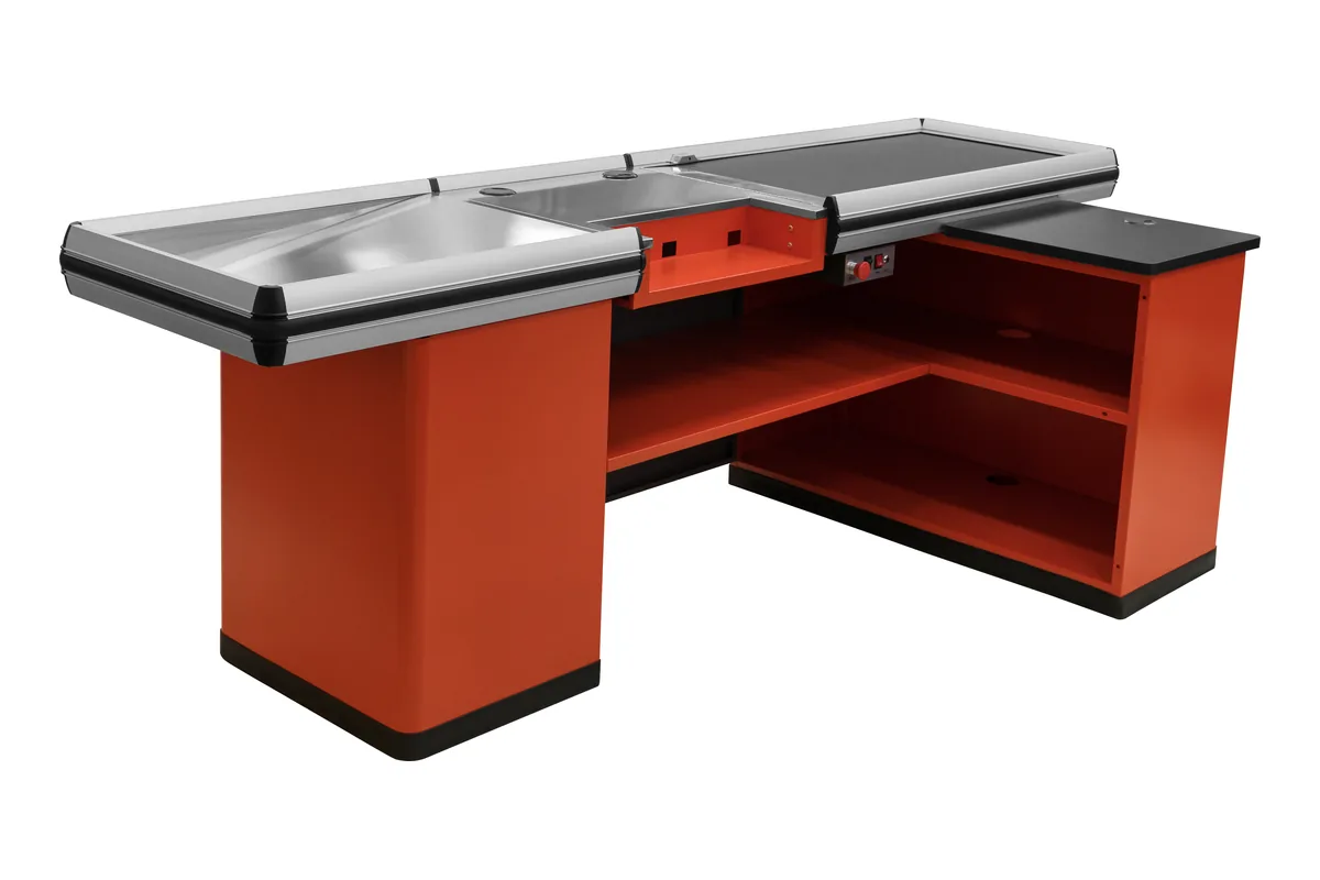 Red supermarket checkout counter with conveyor belt, stainless steel top board and an open packing shelf