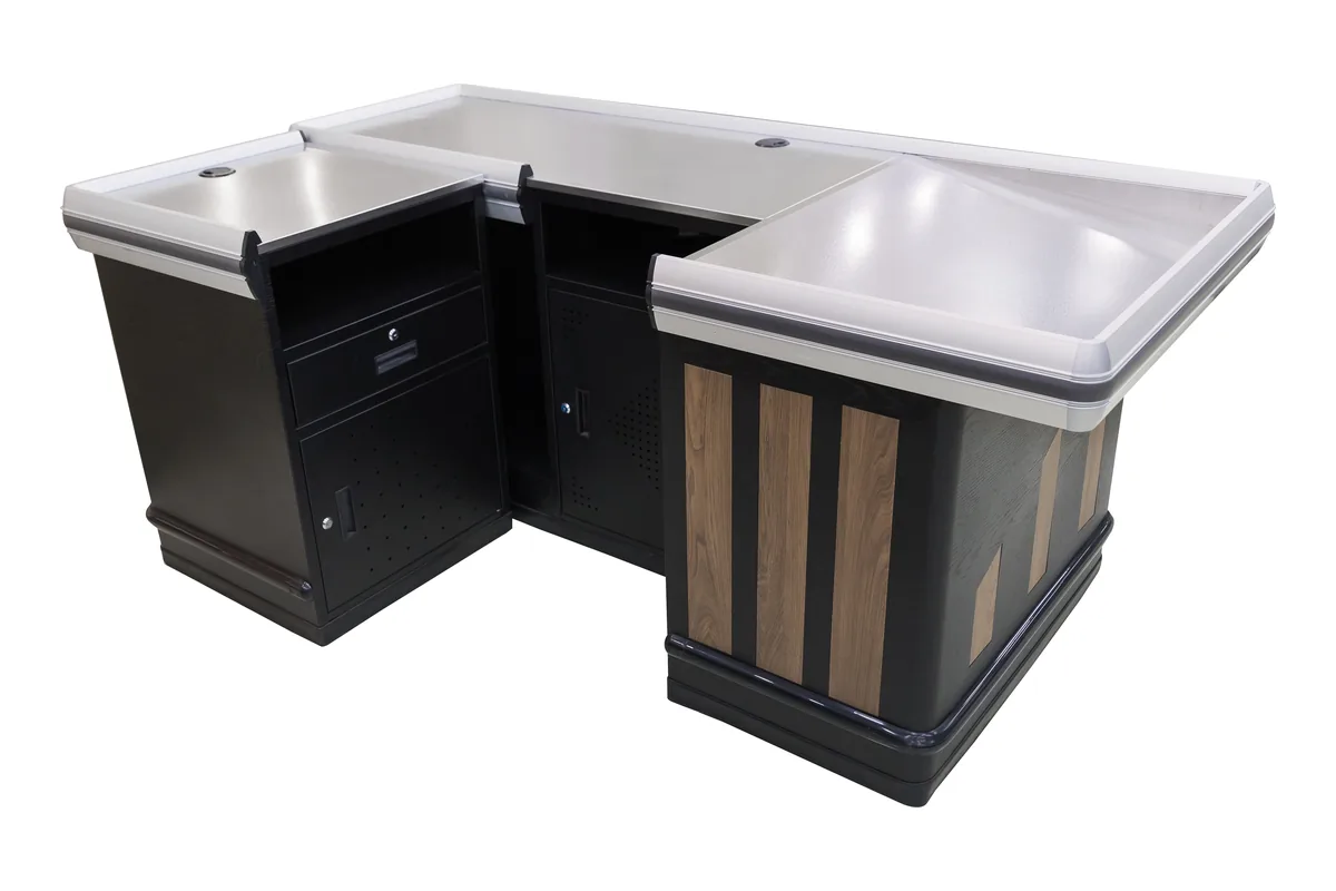 L-shaped wood checkout counter with vertical timber slats on a dark carcase and two stainless steel tops