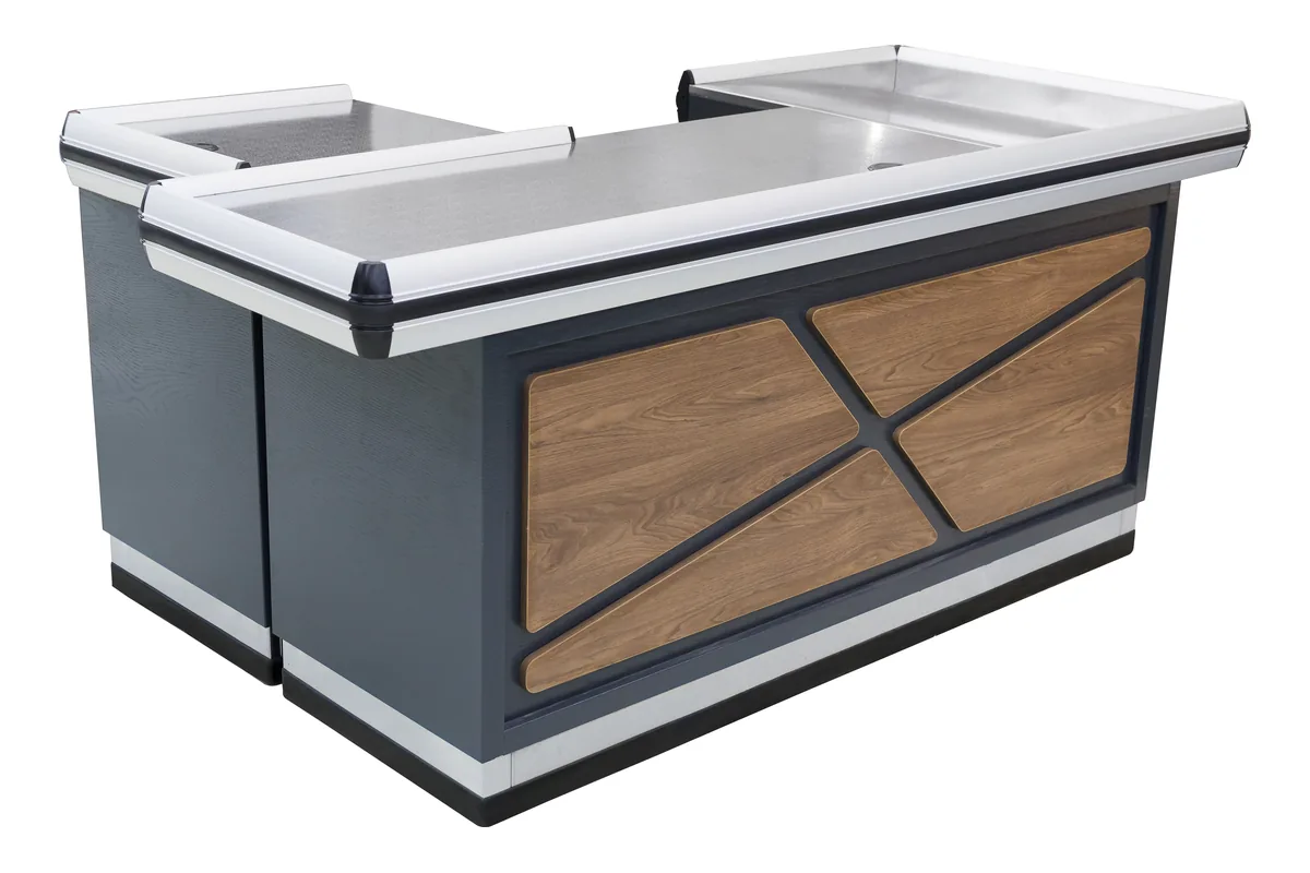 Straight cashier counter table with a cross-braced timber panel on the customer face and a stainless top