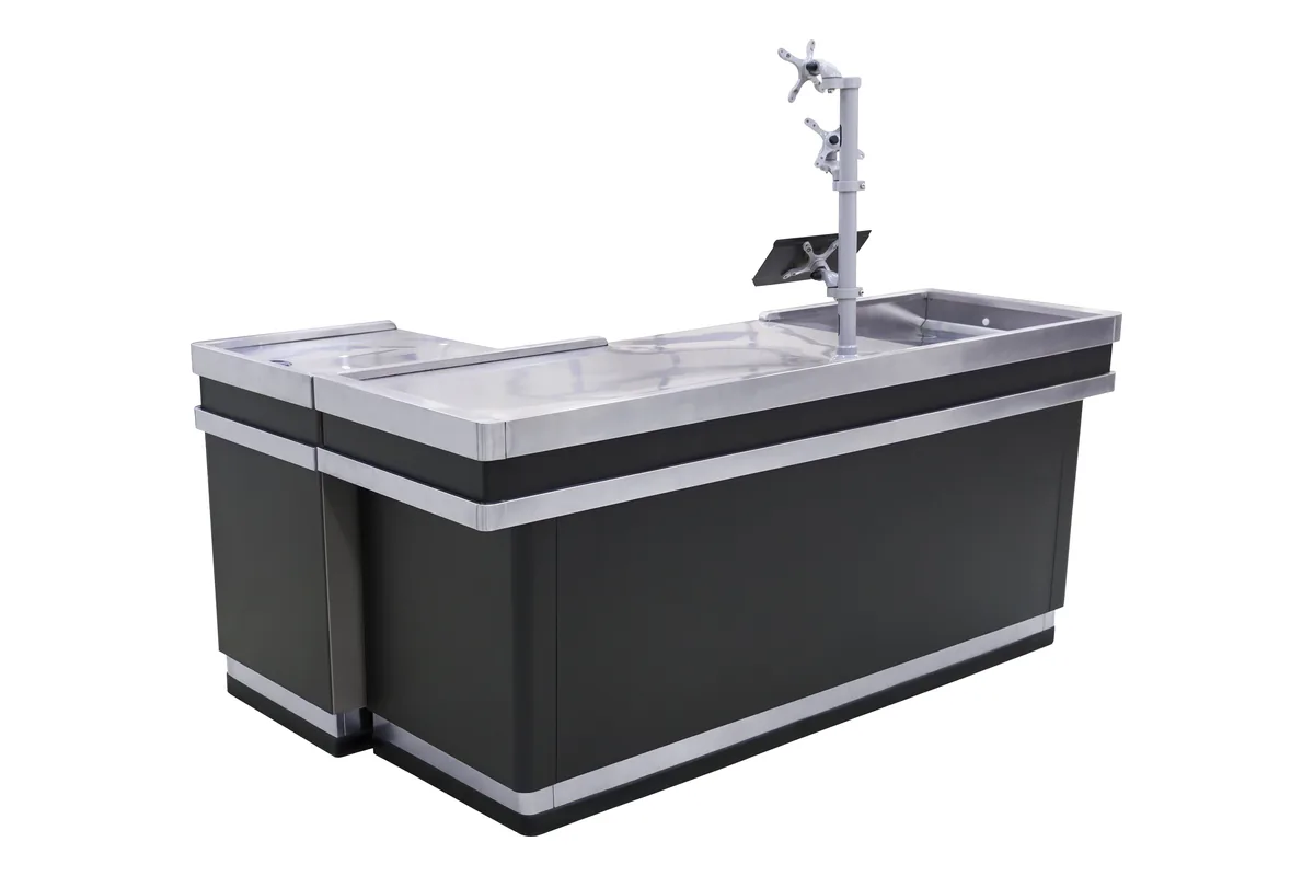 Charcoal store cashier desk with a pole-mounted scanner and monitor arm above the stainless worktop