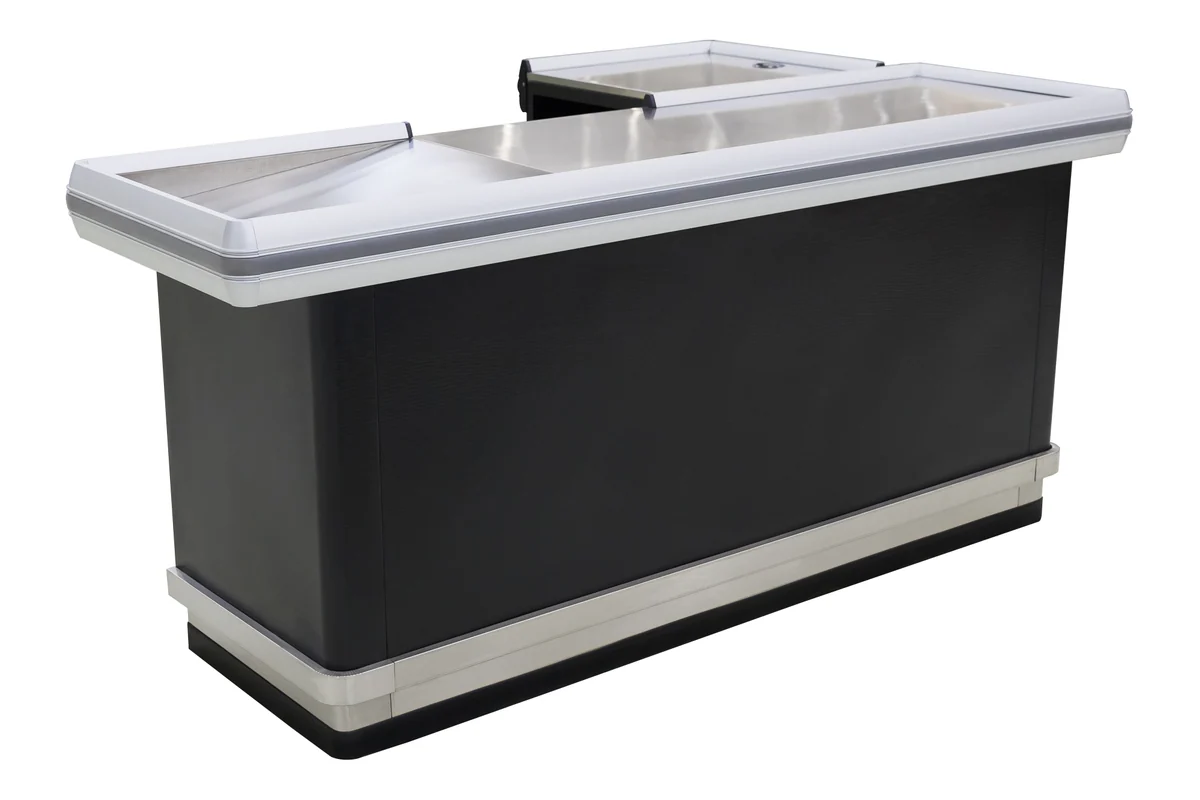 L-shaped supermarket checkout counter with a full stainless top and a brushed stainless plinth band