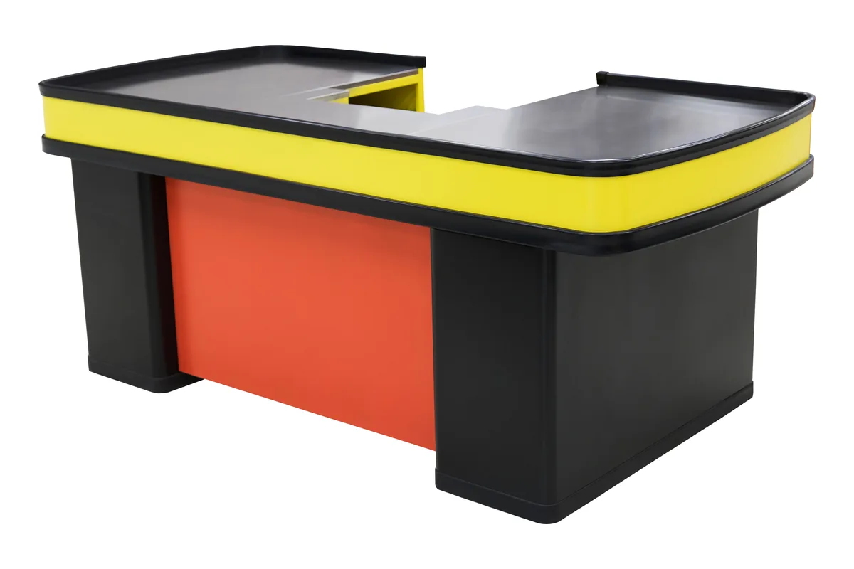 L-shaped retail checkout counter sprayed in orange with a bright yellow band along the customer face
